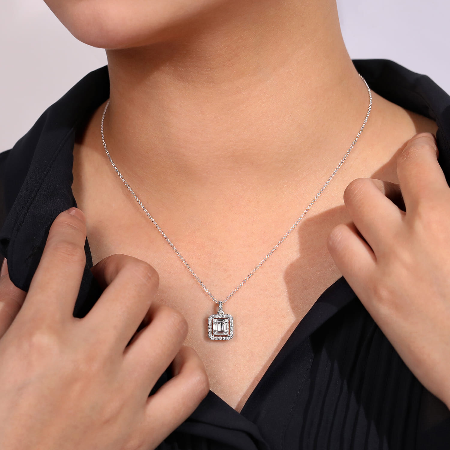Baguette and Diamond Square Pendant Necklace in 14K White Gold, photograph 3