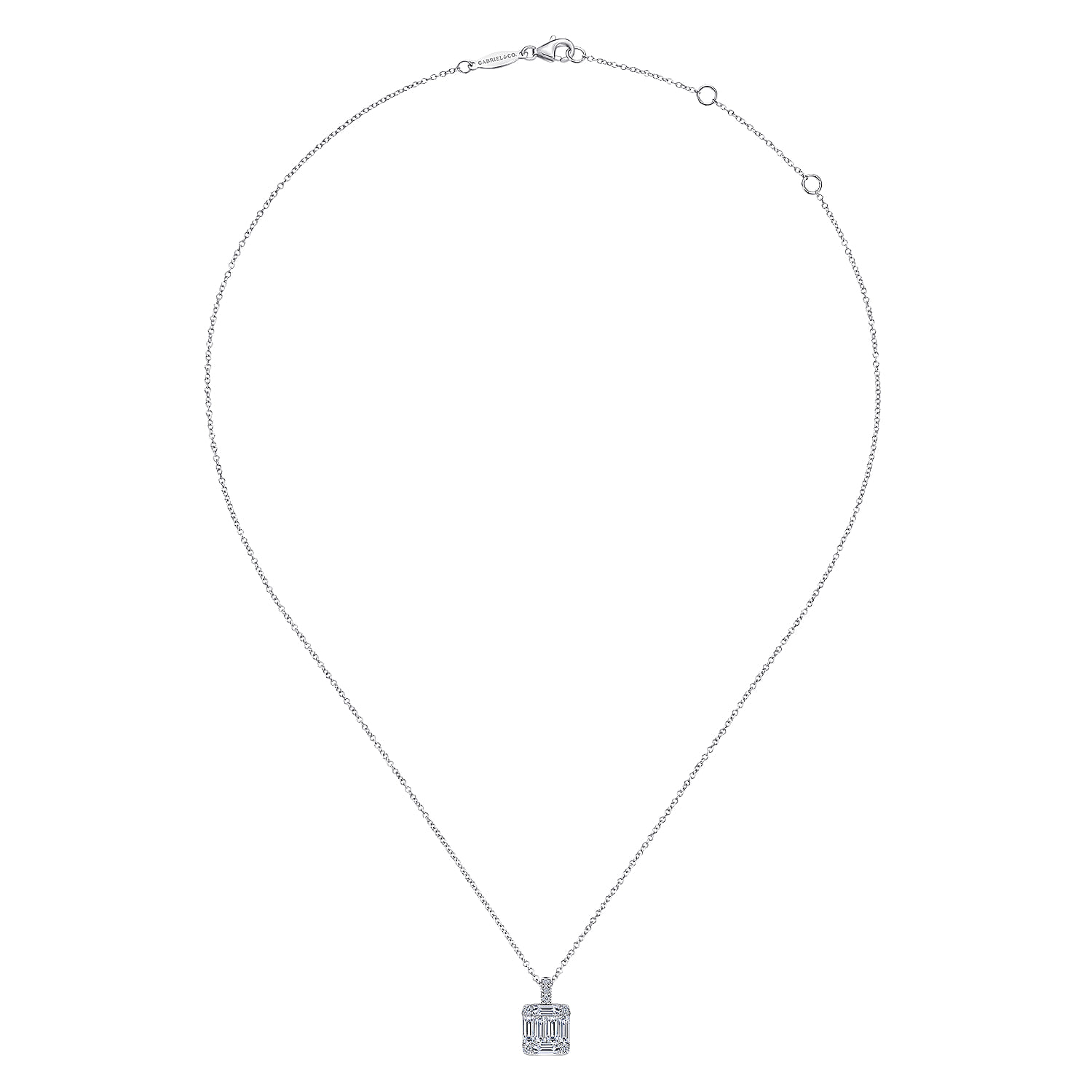 Baguette and Diamond Square Pendant Necklace in 14K White Gold, photograph 2