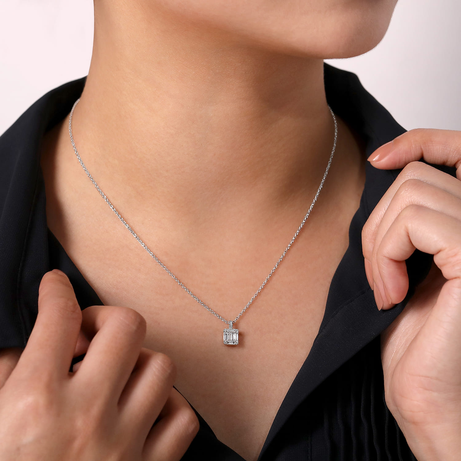 Baguette and Diamond Square Pendant Necklace in 14K White Gold, photograph 3