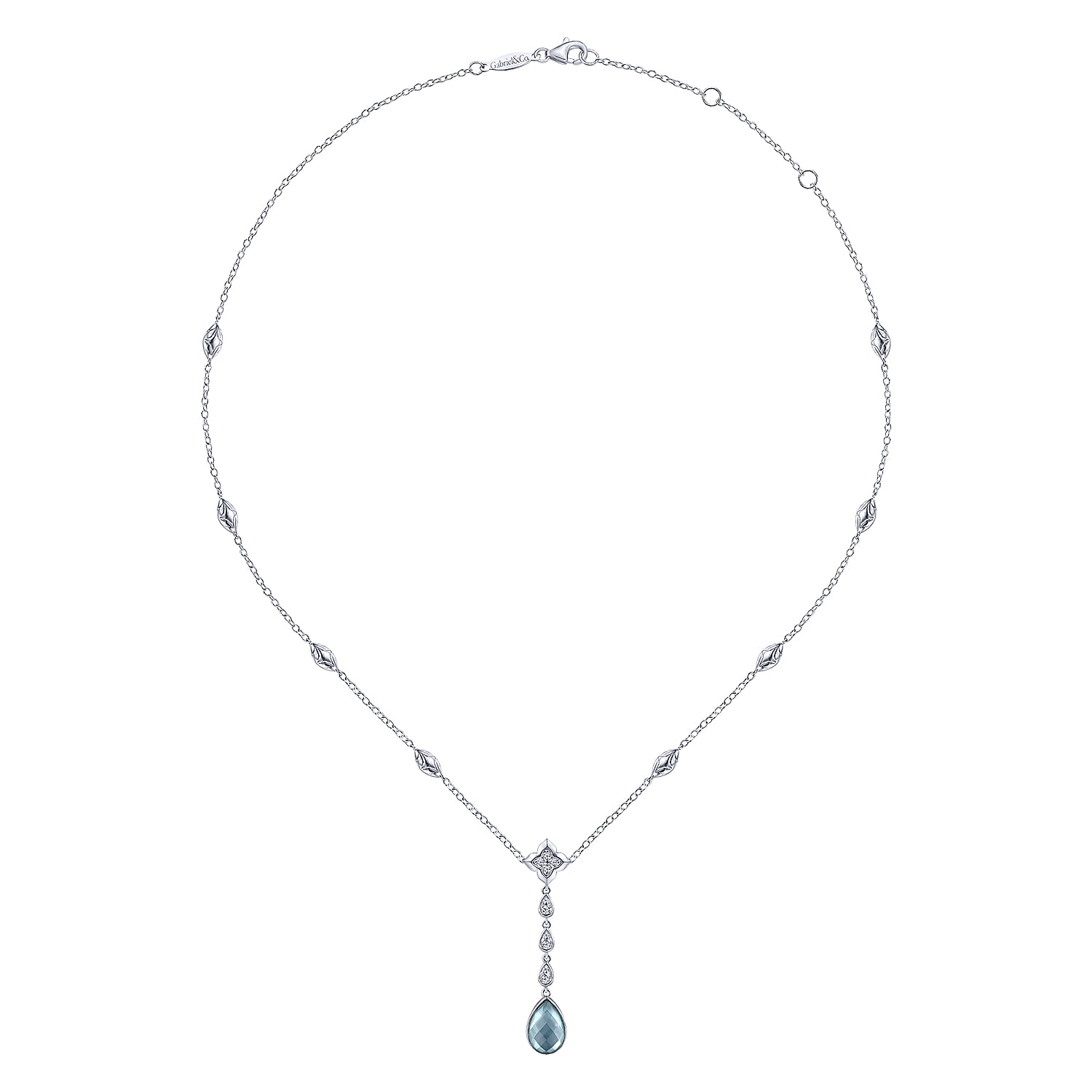 Y Necklace with Teardrop Rock Crystal White MOP Green Onyx Y in Sterling Silver, photograph 2