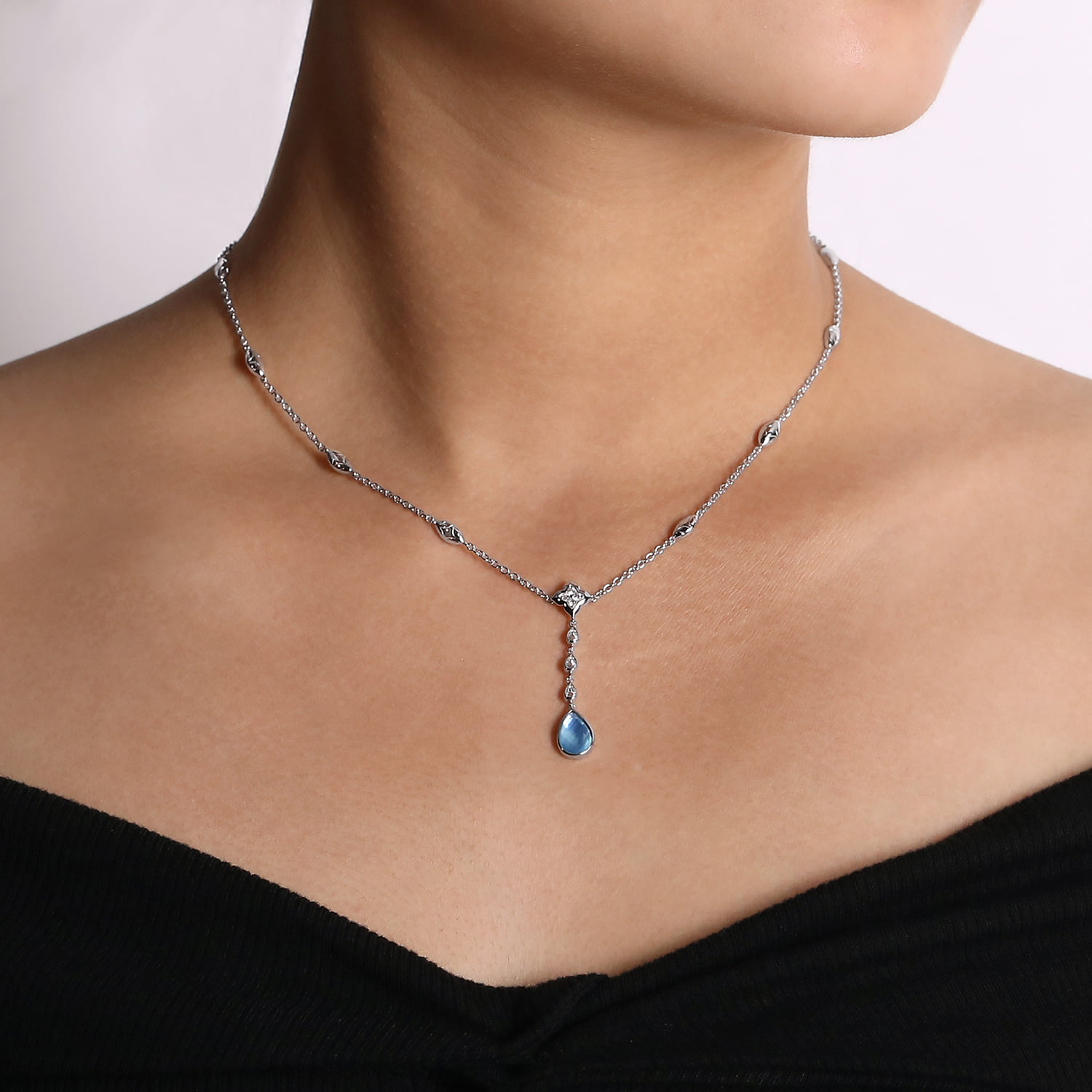 Y Necklace with Teardrop Rock Crystal White MOP Green Onyx Y in Sterling Silver, photograph 3