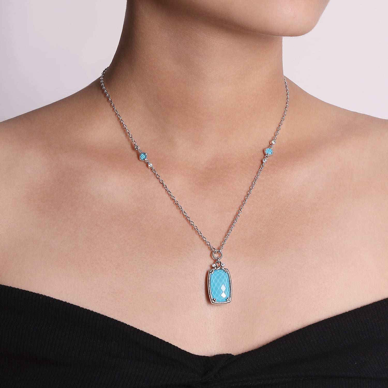 White Sapphire and Rock Crystal Turquoise Pendant Necklace in Sterling Silver, photograph 3