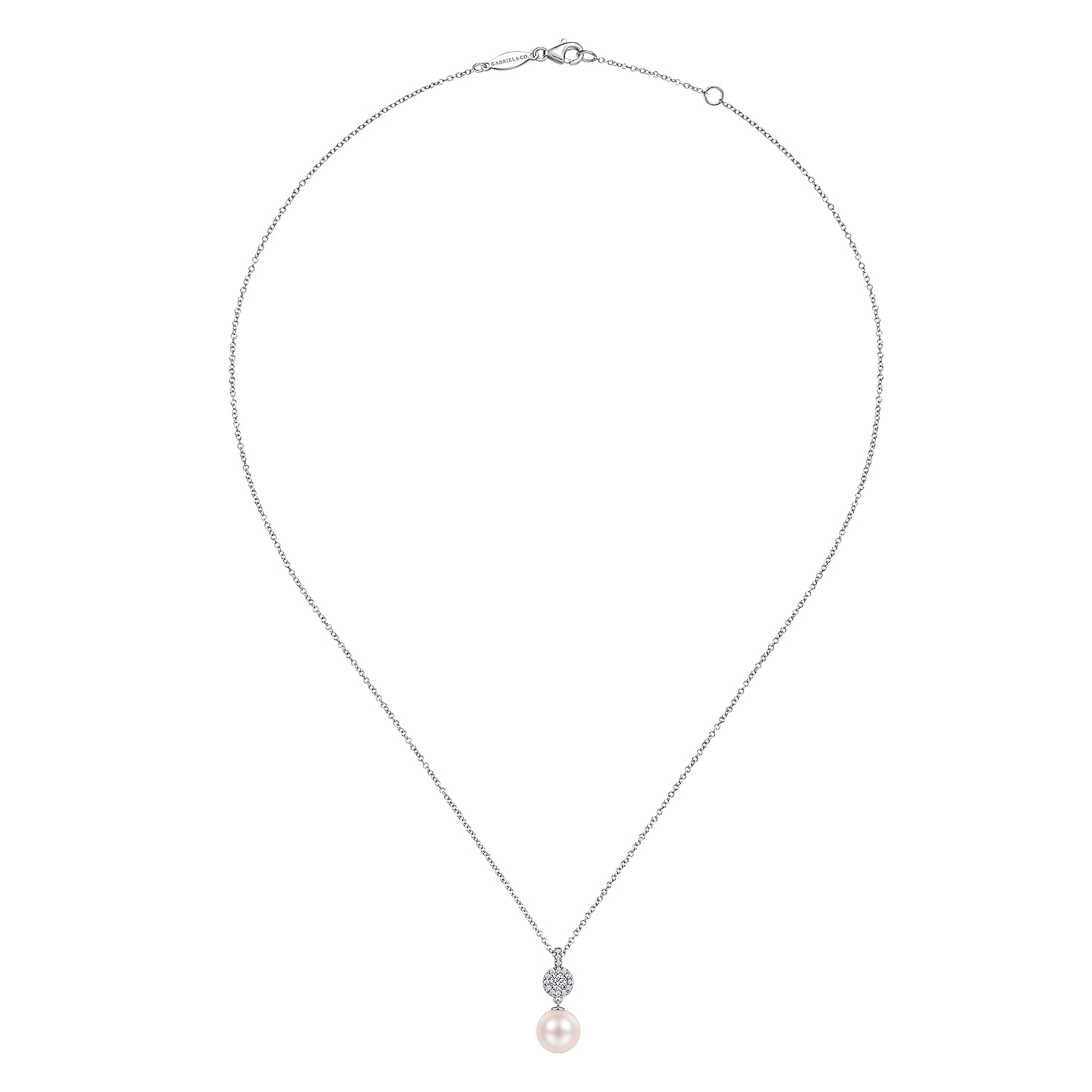 Diamond Pave Halo and Pearl Drop Pendant Necklace in 14K White Gold, photograph 2