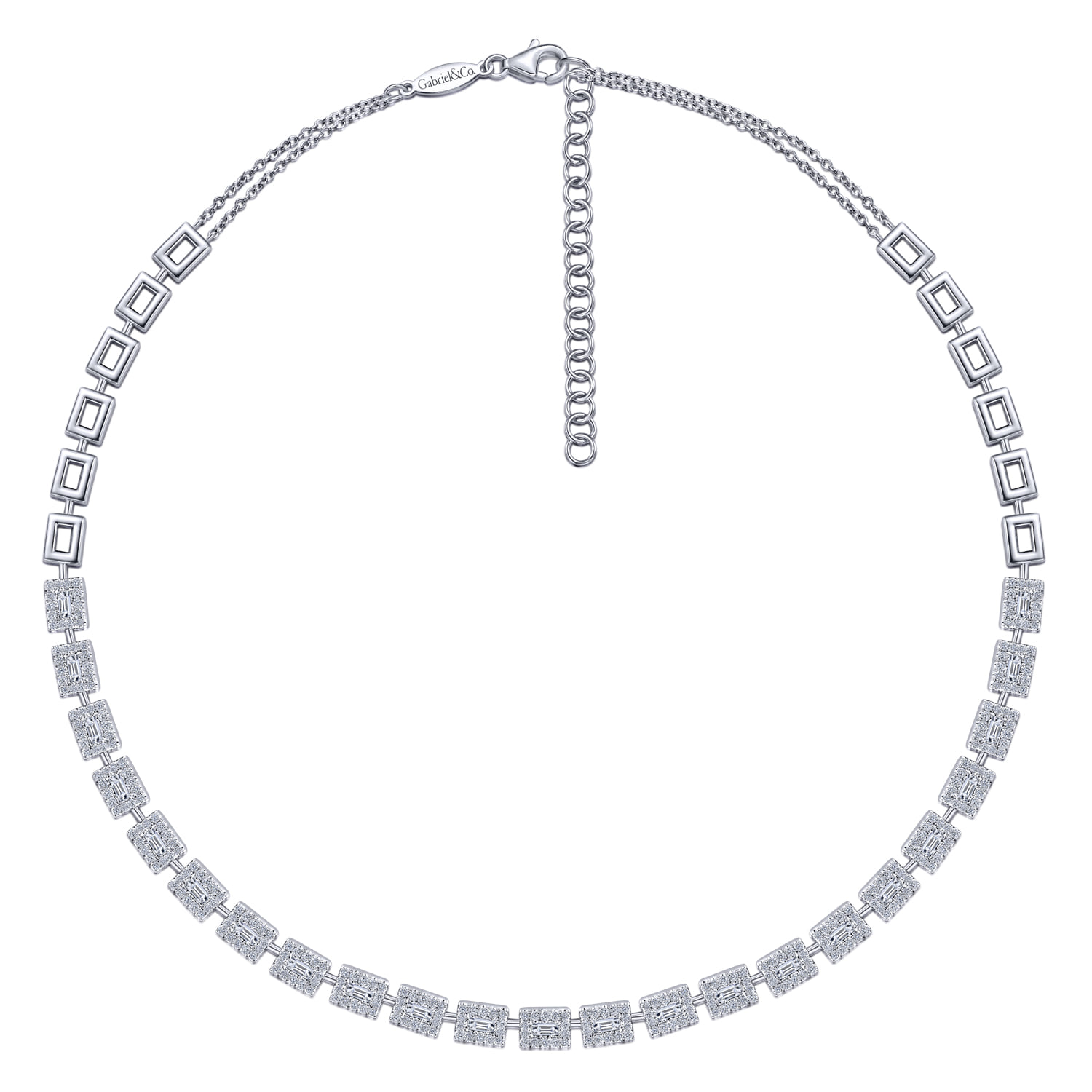 Station Necklace with Diamond Halo Baguettes in 18K White Gold, photograph 2