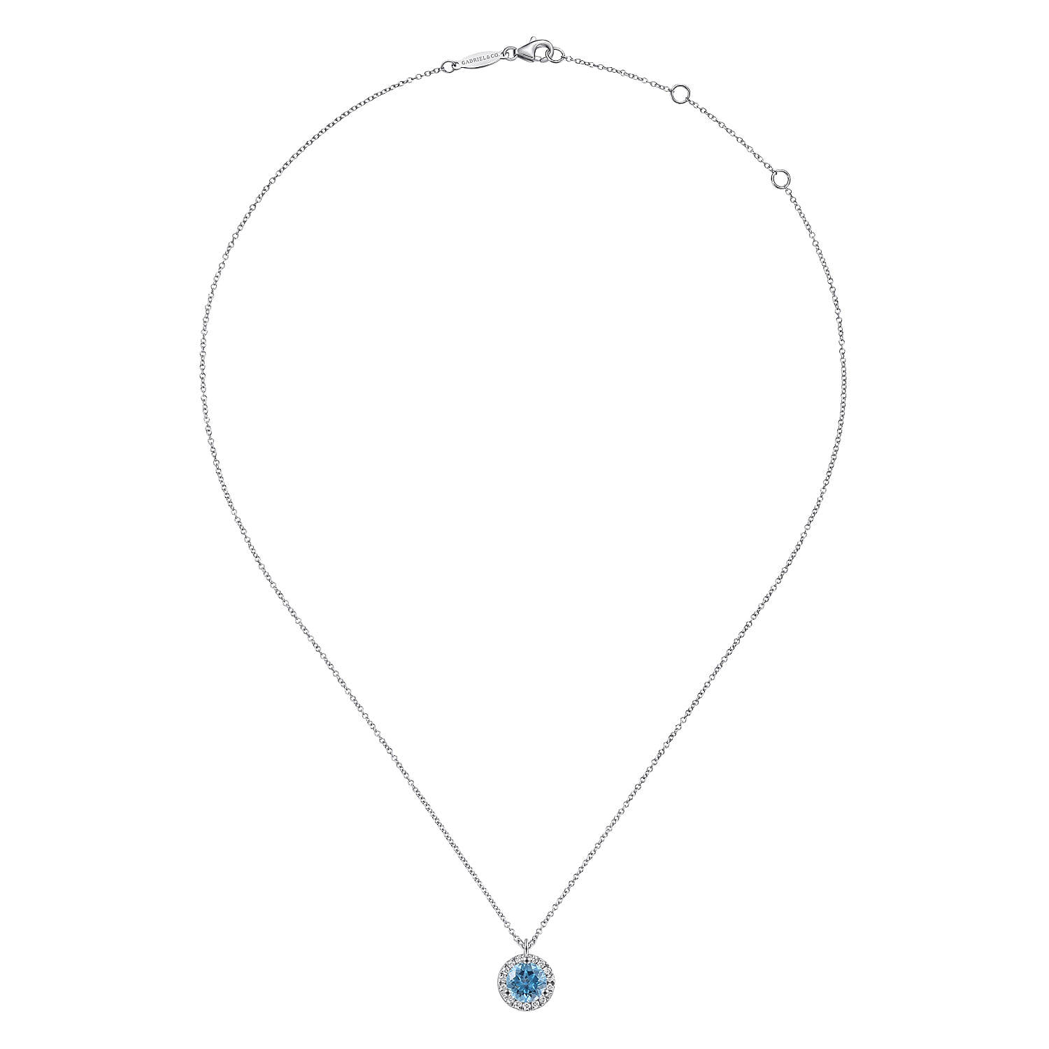 18 inch Round Blue Topaz and Diamond Halo Pendant Necklace in 14K White Gold, photograph 2