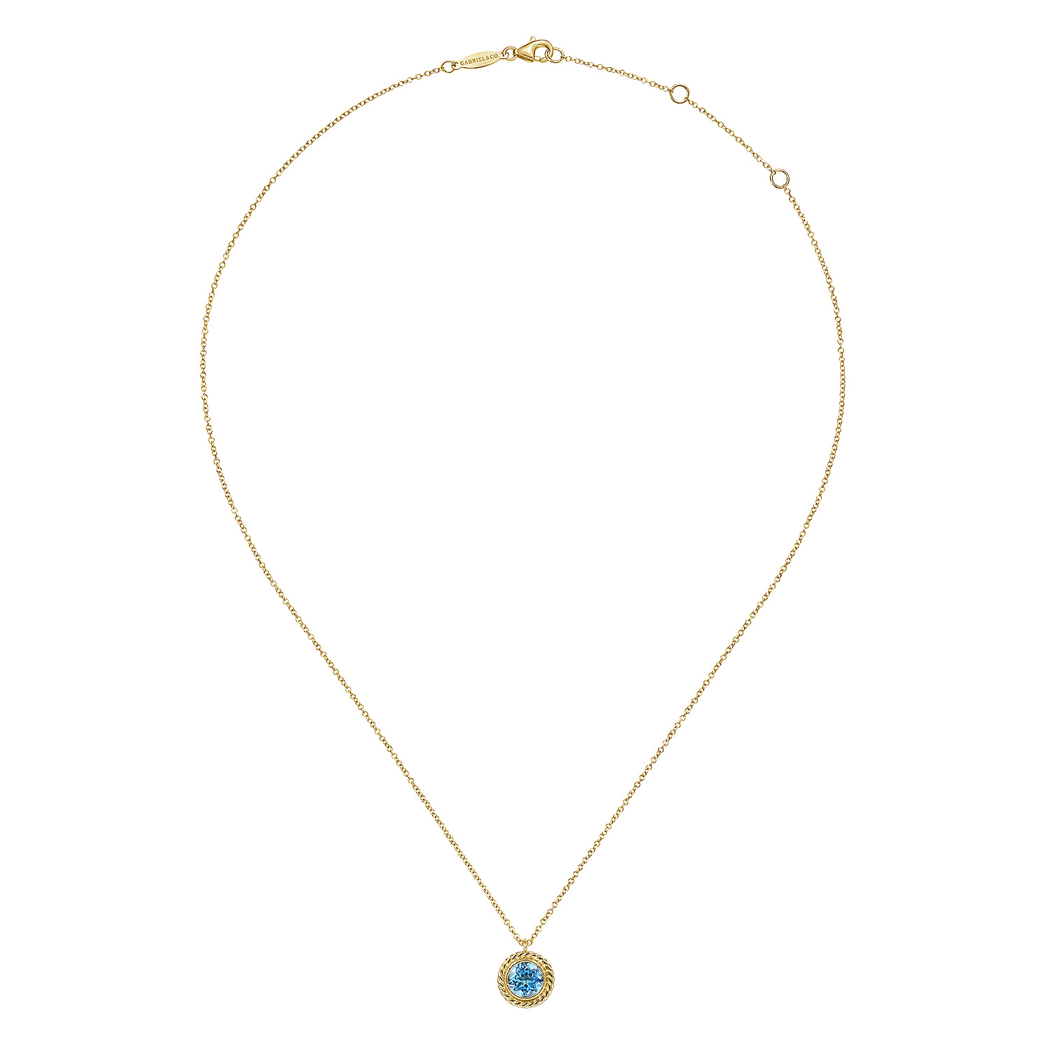 Round Blue Topaz and Twisted Rope Pendant Necklace in 14K Yellow Gold, photograph 2