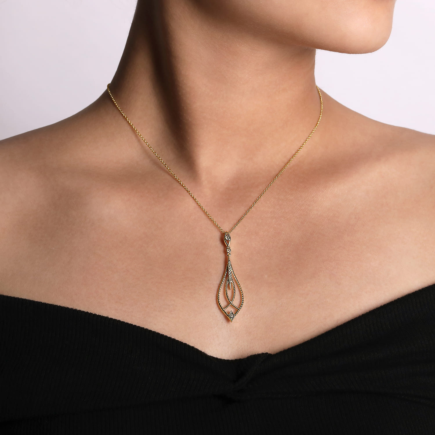 Open Teardrop Pendant Necklace with Diamond Accents in 14K Yellow Gold, photograph 3