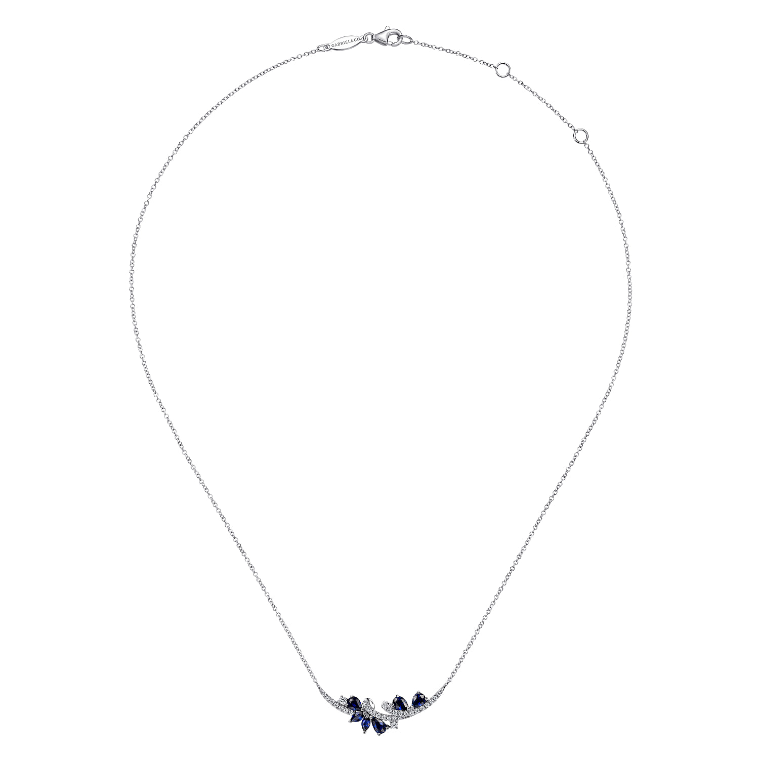 Diamond and Sapphire Curved Bar Necklace in 14K White Gold, photograph 2