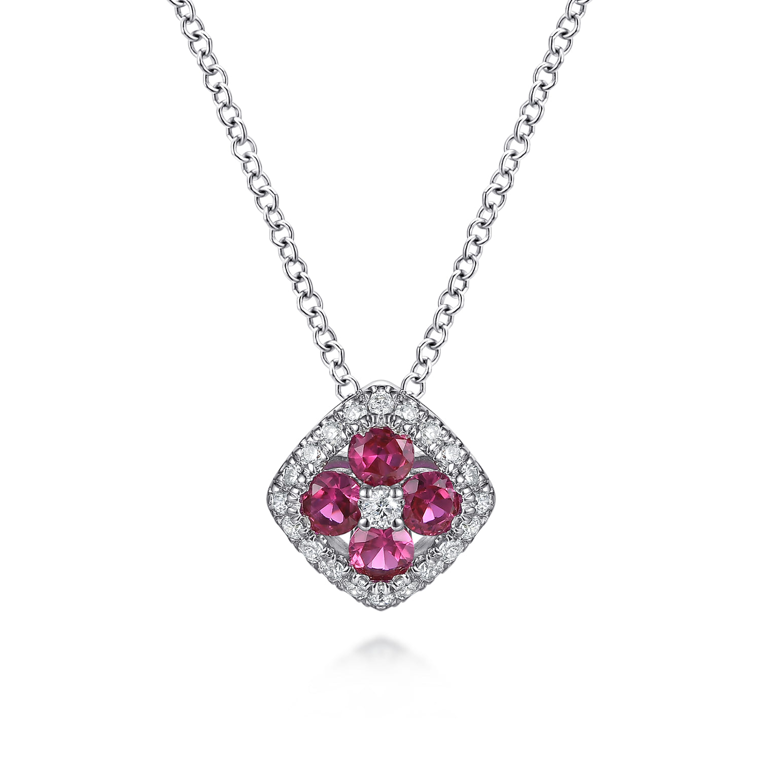 Ruby and Diamond Halo Floral Pendant Necklace