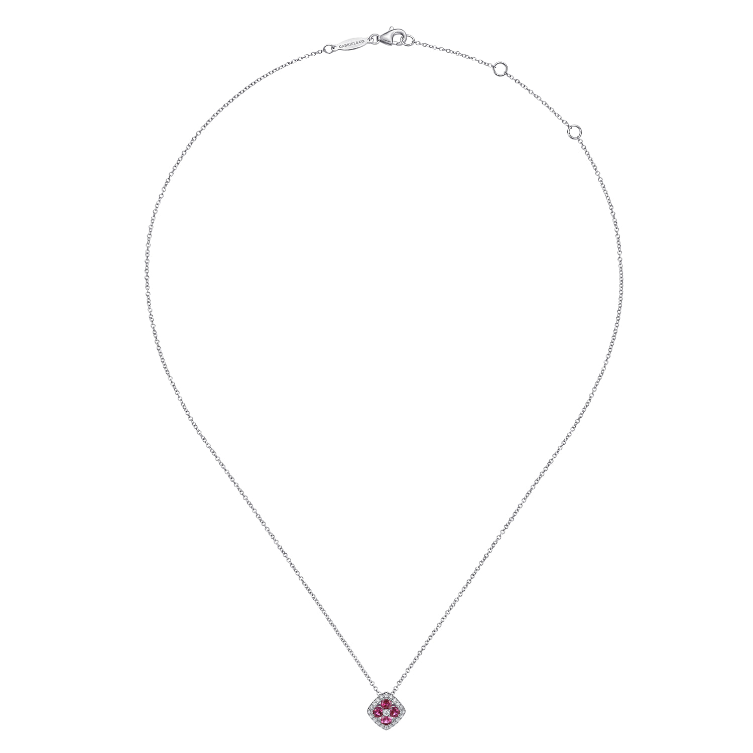 Ruby and Diamond Halo Floral Pendant Necklace in 14K White Gold, photograph 2