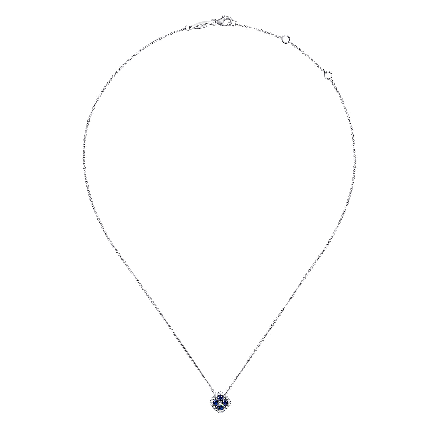 Sapphire and Diamond Halo Floral Pendant Necklace in 14K White Gold, photograph 2