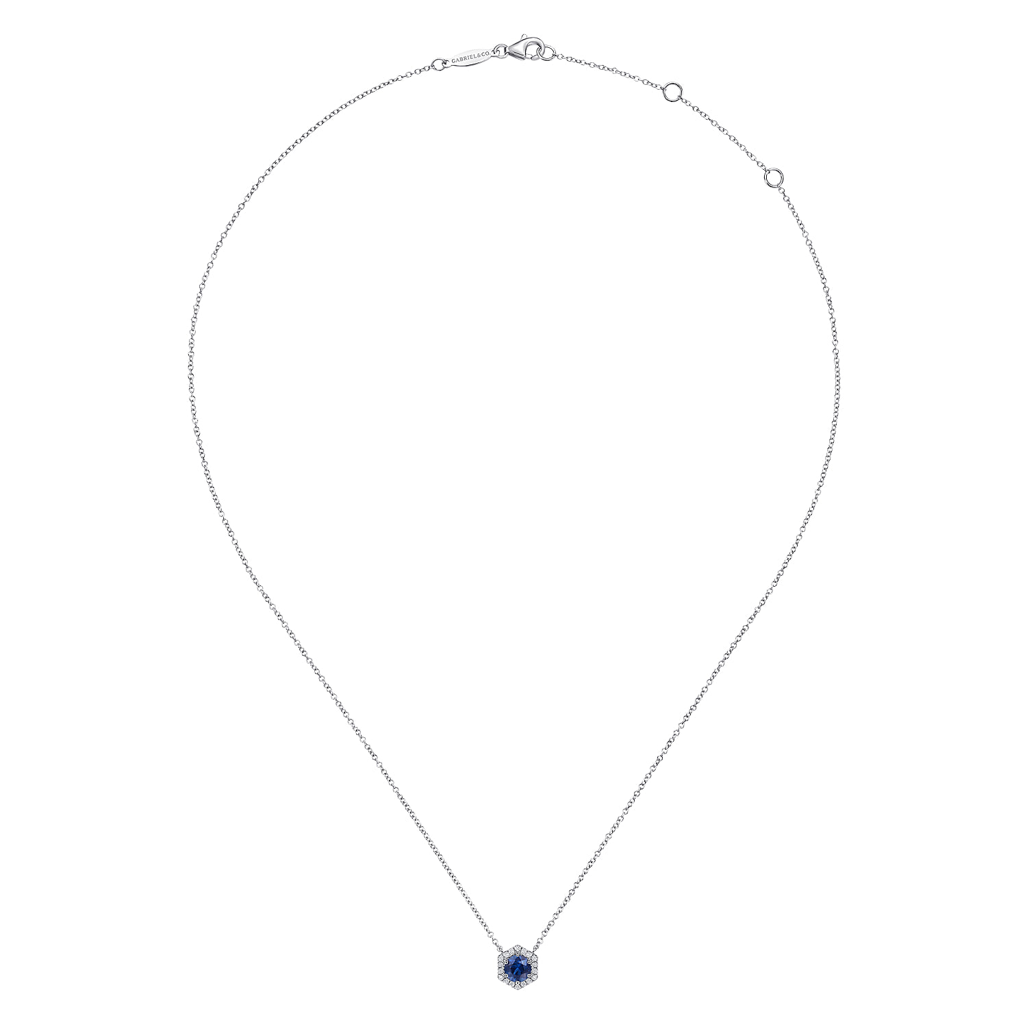 Round Sapphire and Hexagonal Diamond Halo Pendant Necklace in 14K White Gold, photograph 2