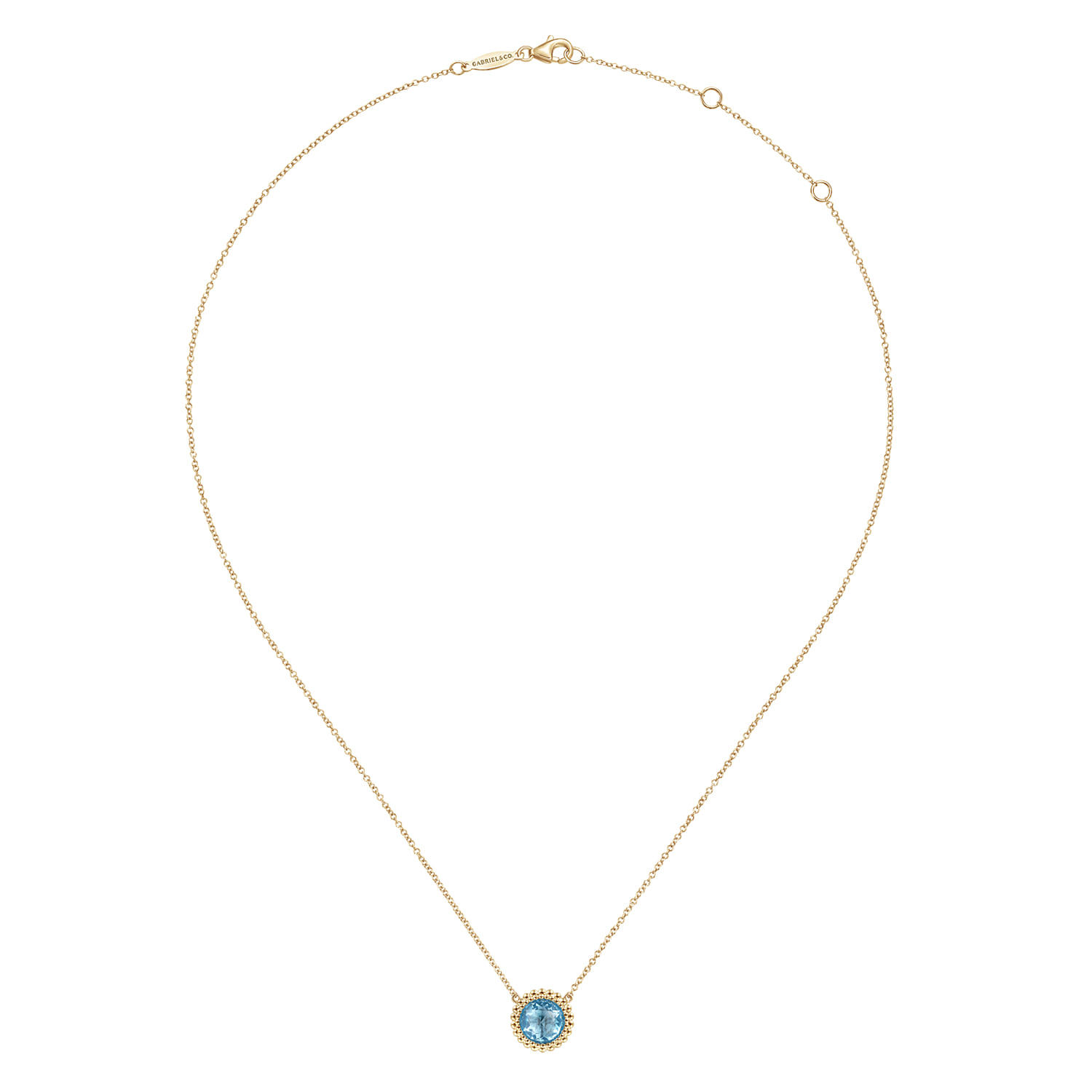 Round Blue Topaz Pendant Necklace with Bujukan Bead Halo in 14K Yellow Gold, photograph 2
