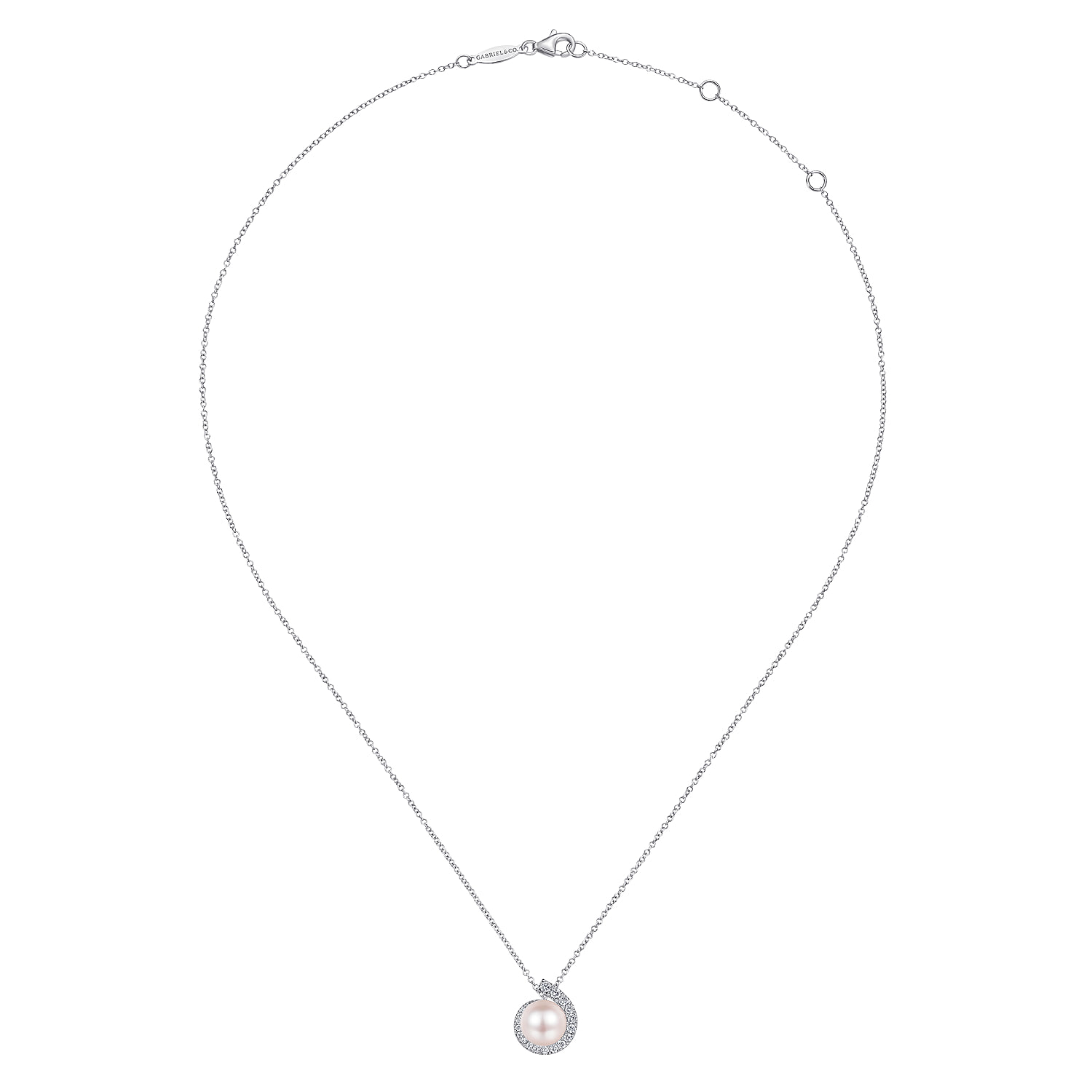 Round Pearl Pendant Necklace with Diamond Halo Swirl in 14K White Gold, photograph 2