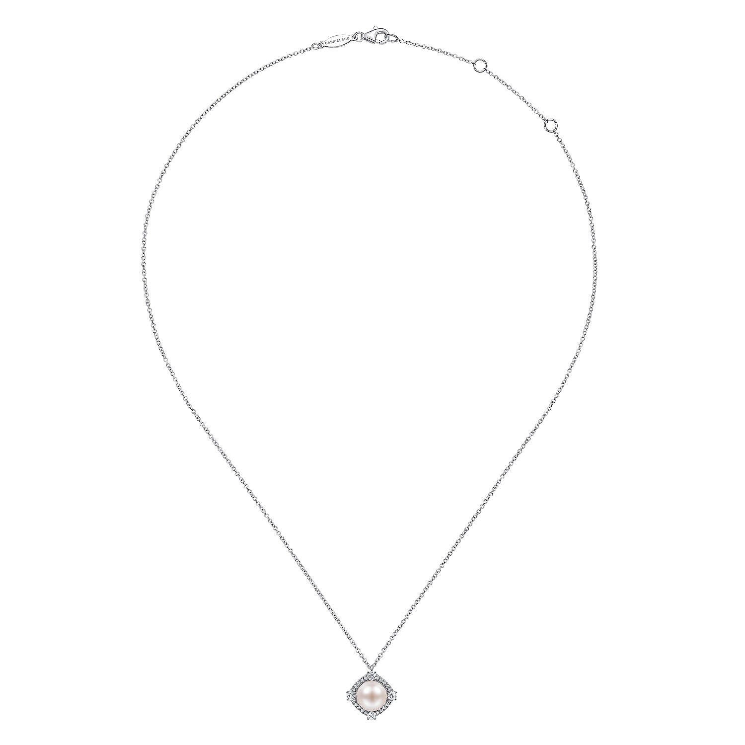 Cultured Pearl Pendant Necklace with Diamond Halo in 14K White Gold, photograph 2