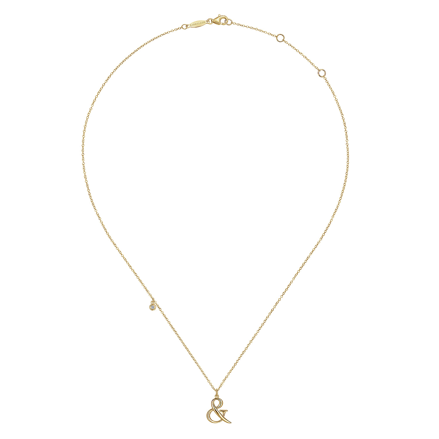 Ampersand Pendant Necklace with Bezel Set Diamond Drop in 14K Yellow Gold, photograph 3