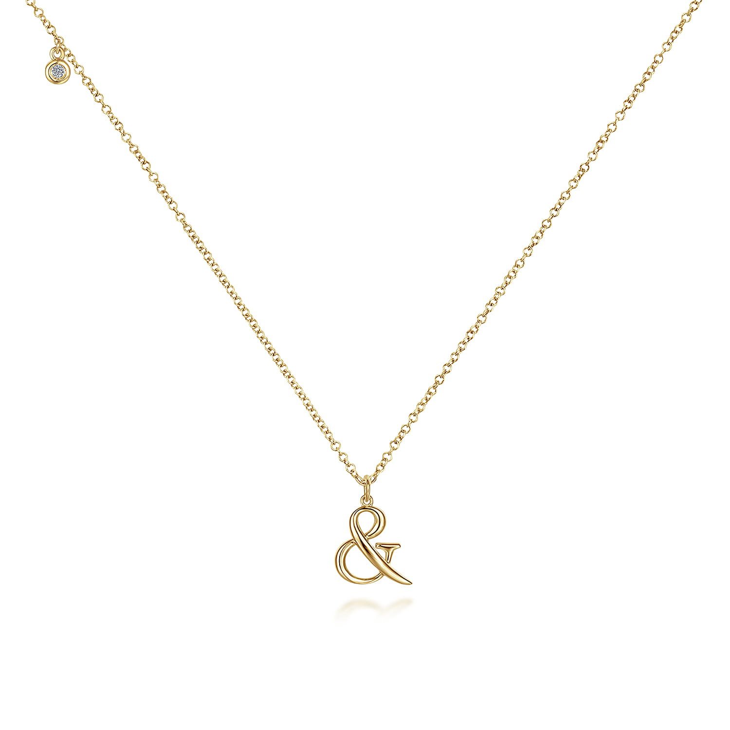 Ampersand Pendant Necklace with Bezel Set Diamond Drop in 14K Yellow Gold, photograph 2