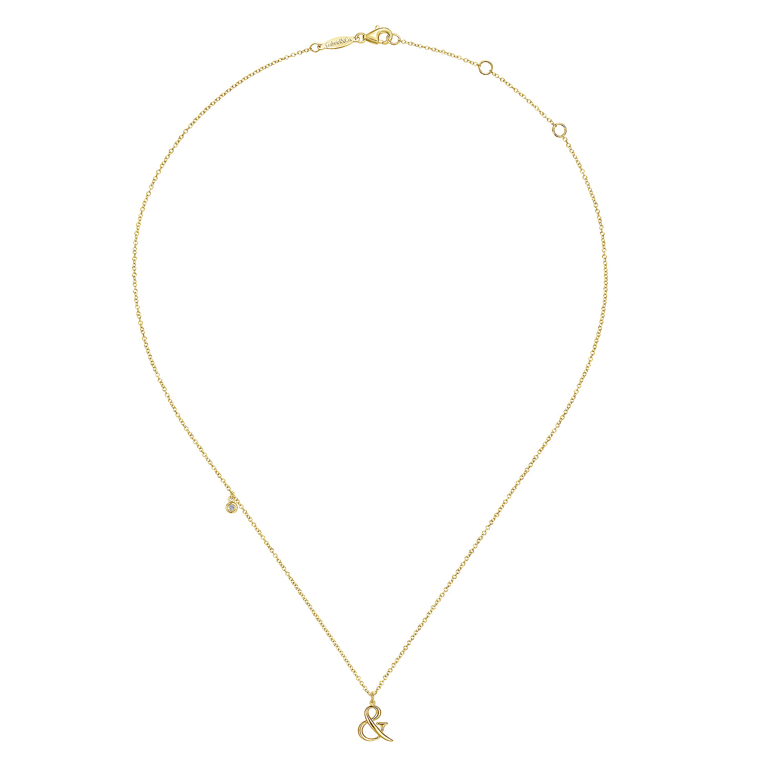 Ampersand Pendant Necklace with Bezel Set Diamond Drop in 14K Yellow Gold, photograph 3