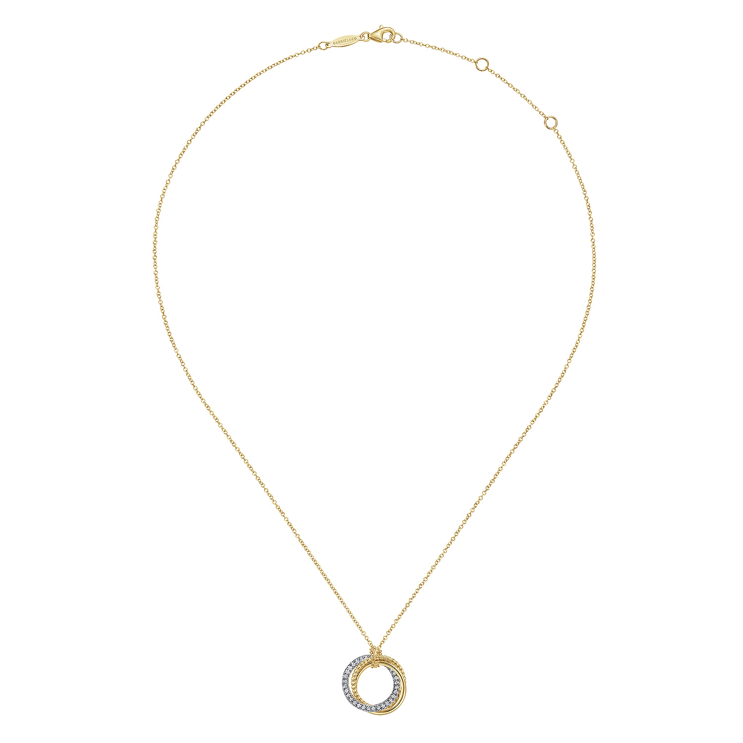 Diamond Pave and Twisted Rope Interlocking Circles Necklace in 14K White/Yellow Gold, photograph 2