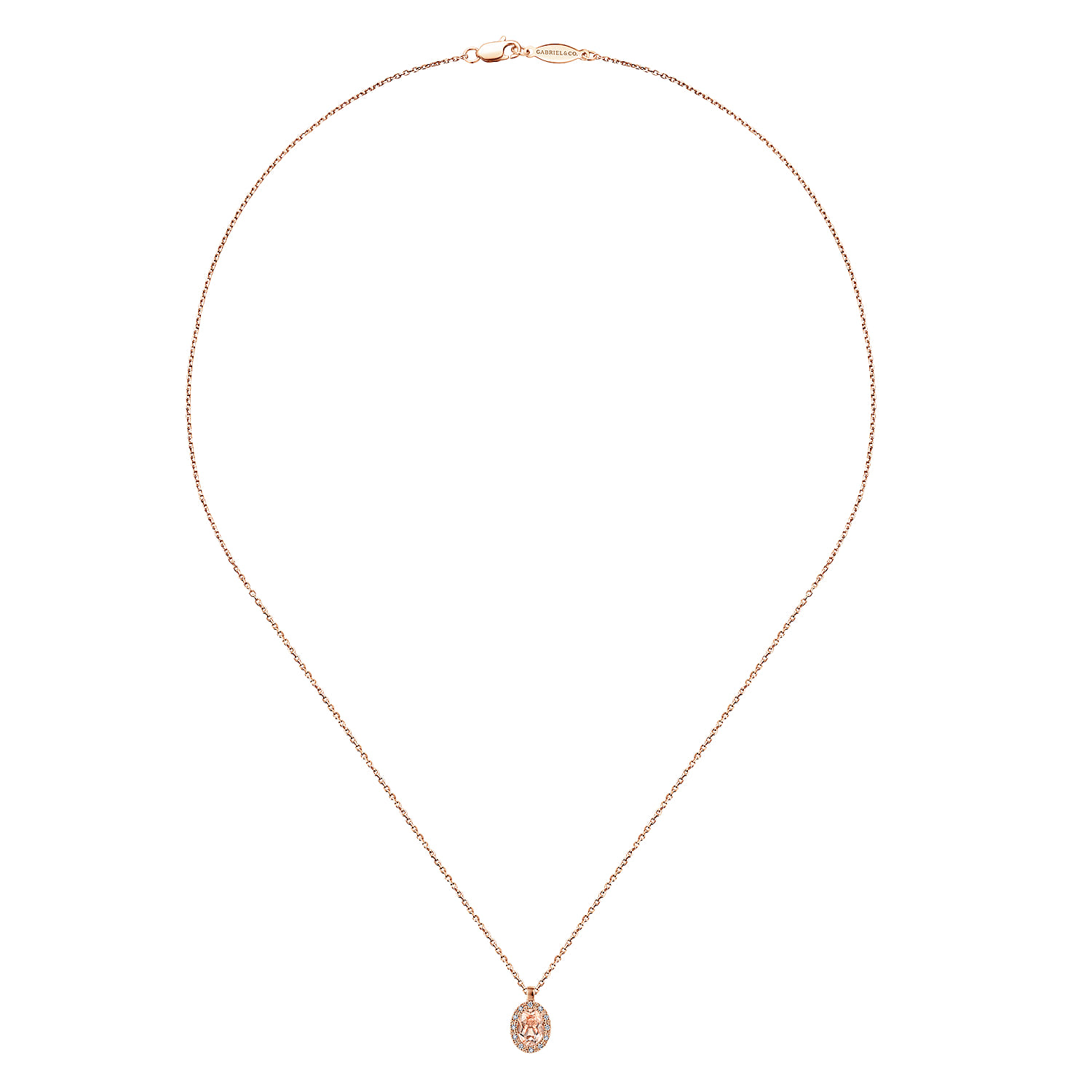 18 inch Morganite and Diamond Halo Drop Necklace in 14K Rose Gold, photograph 2