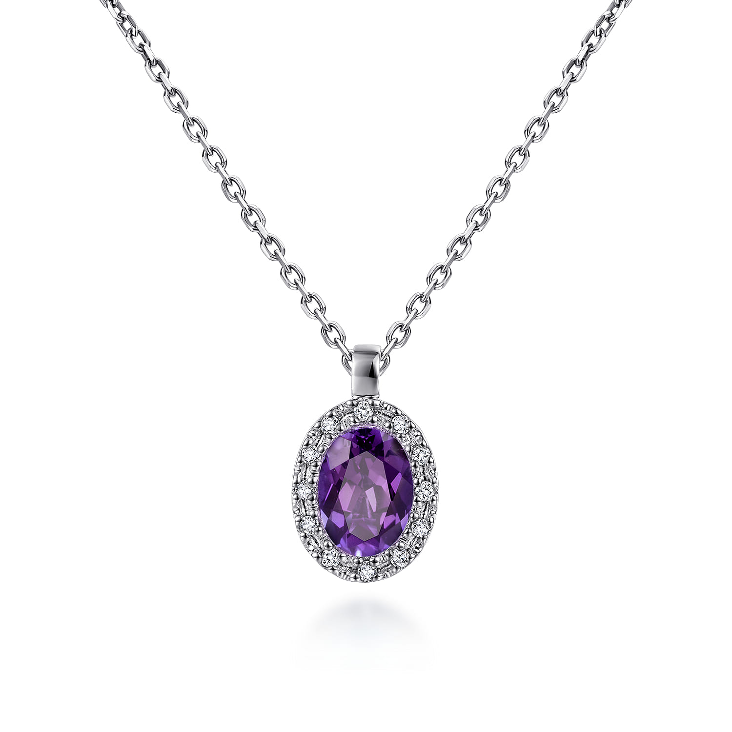 18 inch Amethyst and Diamond Halo Drop Necklace