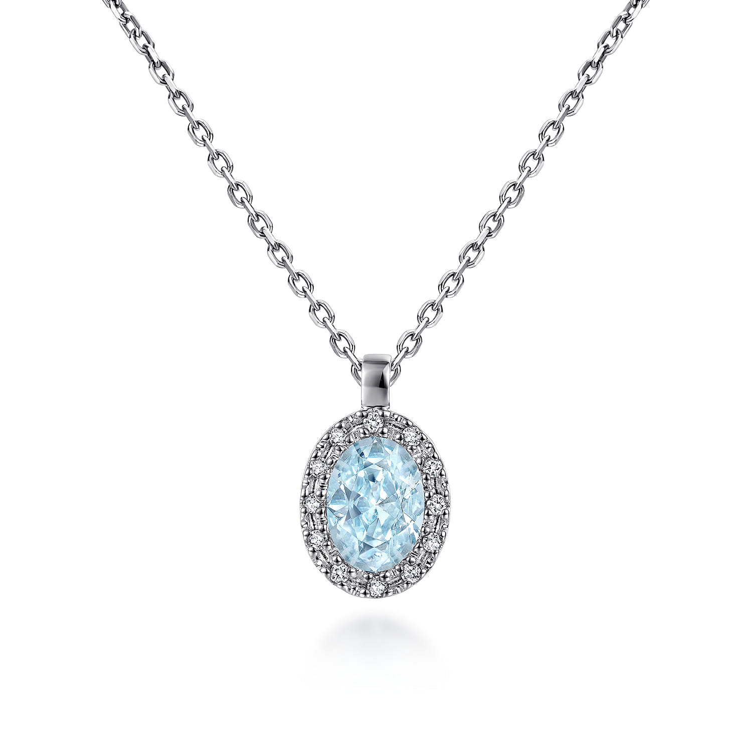18 inch Aquamarine and Diamond Halo Drop Necklace