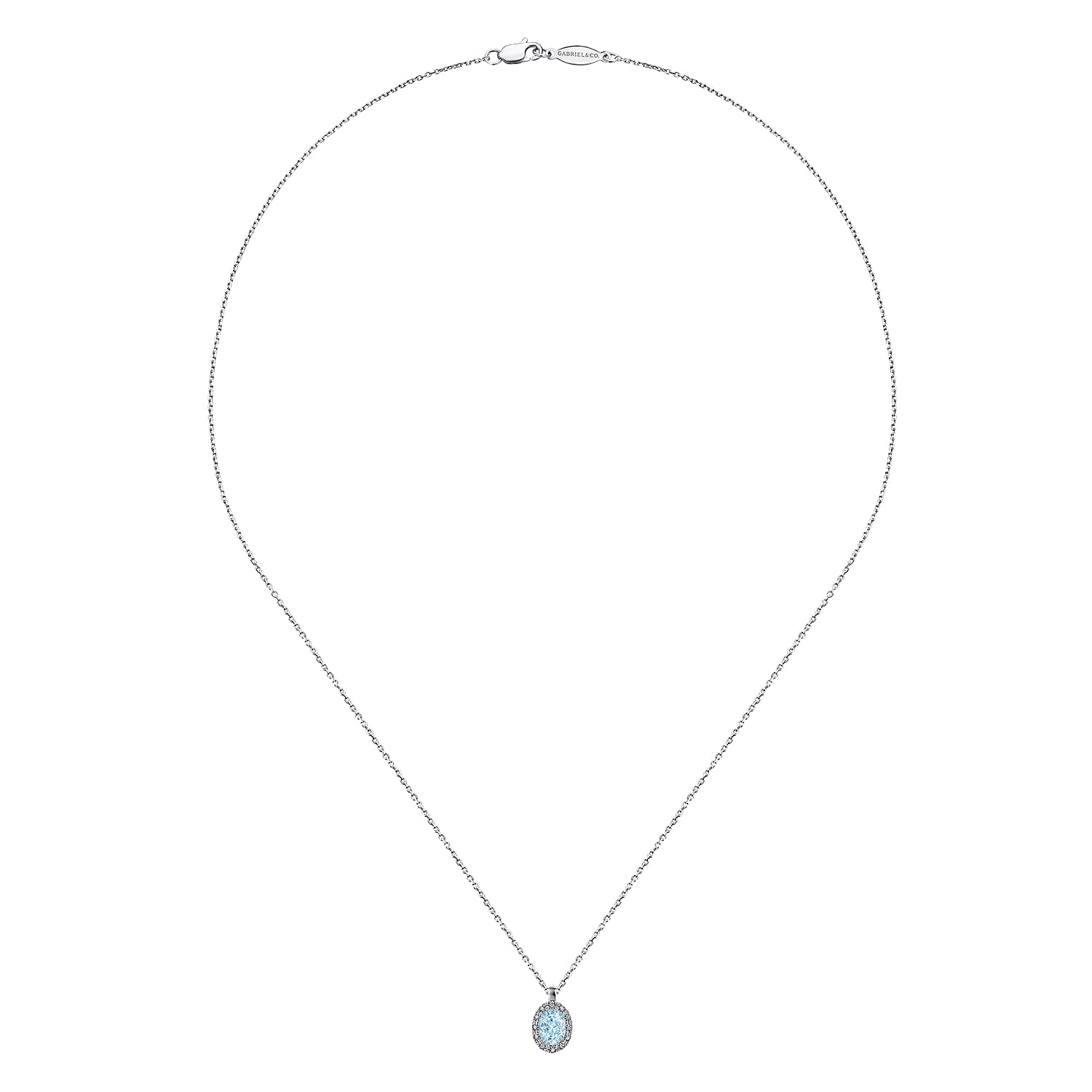 18 inch Aquamarine and Diamond Halo Drop Necklace in 14K White Gold, photograph 2