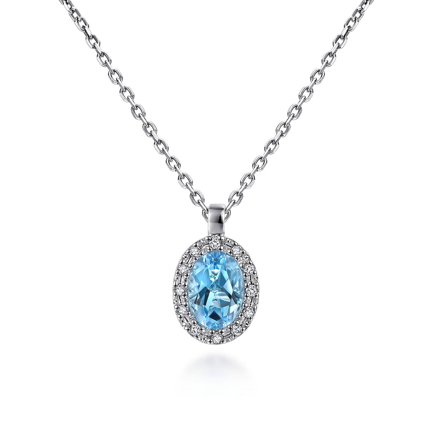18 inch Blue Topaz and Diamond Halo Drop Necklace