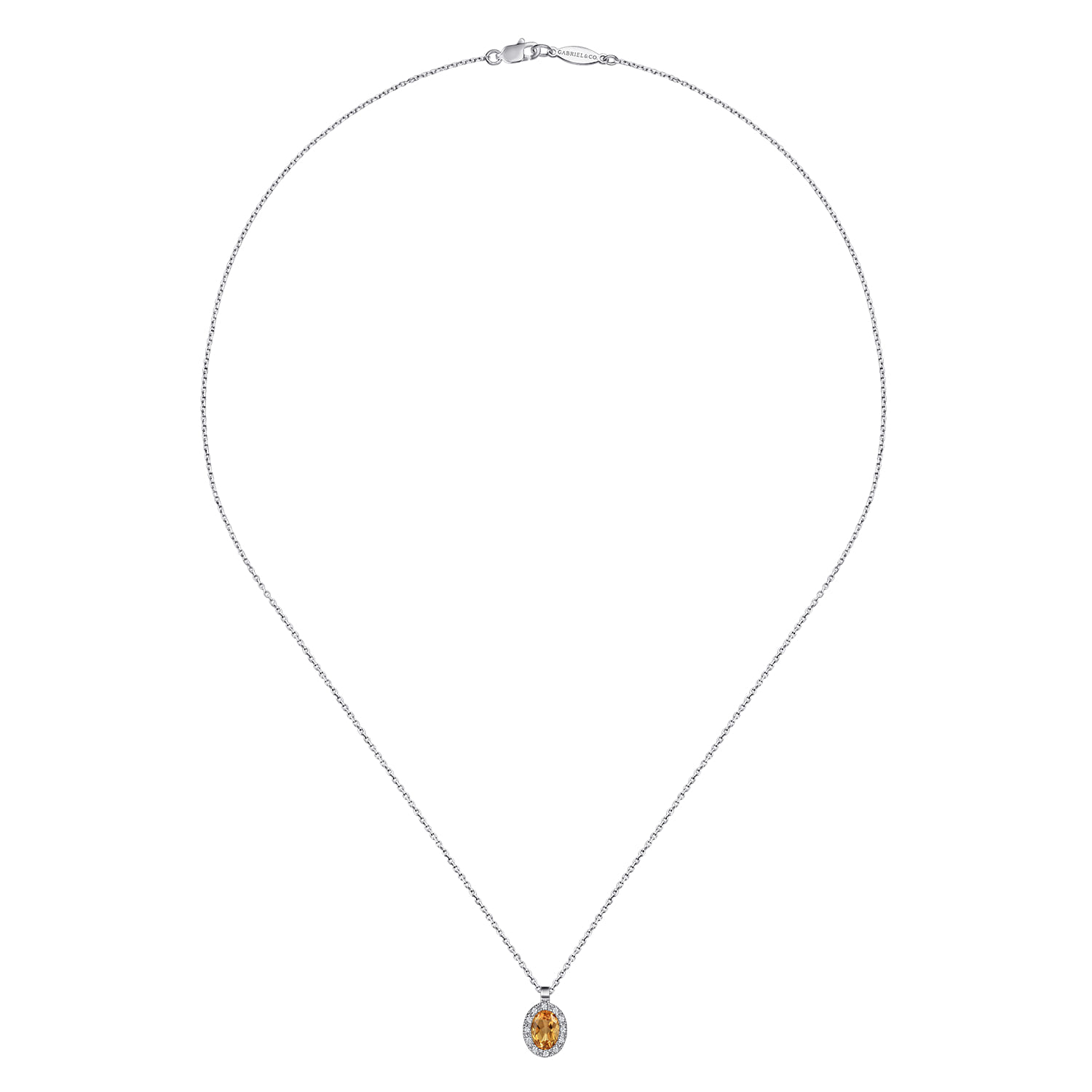 18 inch Citrine and Diamond Halo Drop Necklace in 14K White Gold, photograph 2