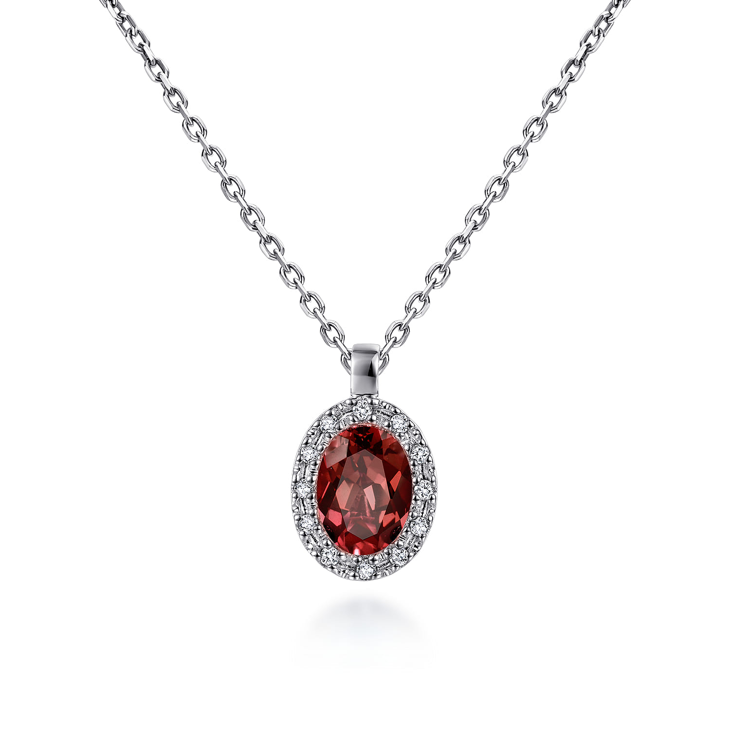 18 inch Garnet and Diamond Halo Drop Necklace