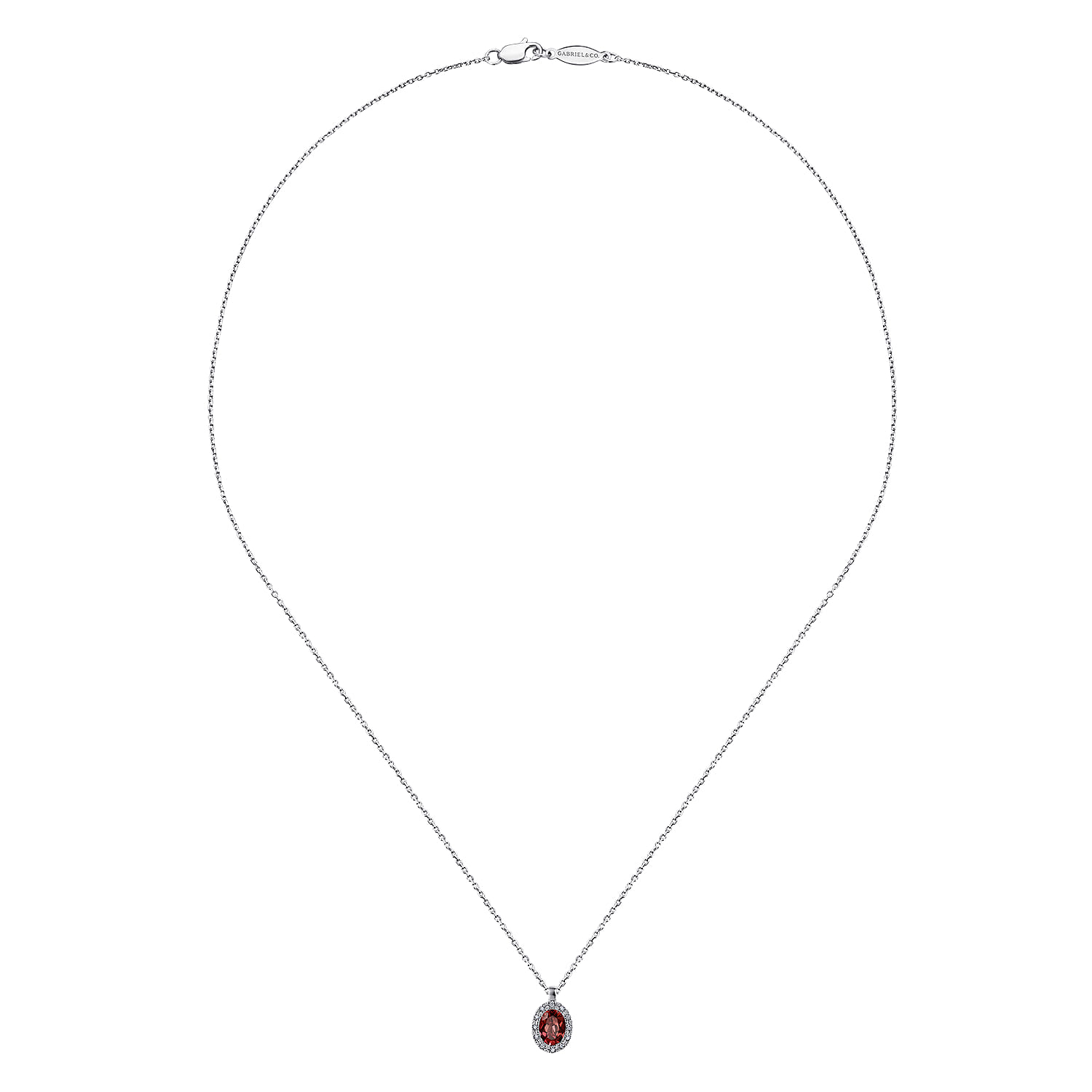 18 inch Garnet and Diamond Halo Drop Necklace in 14K White Gold, photograph 2