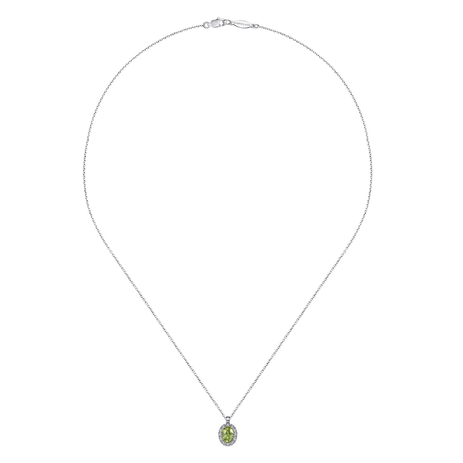 18 inch Peridot and Diamond Halo Drop Necklace in 14K White Gold, photograph 2