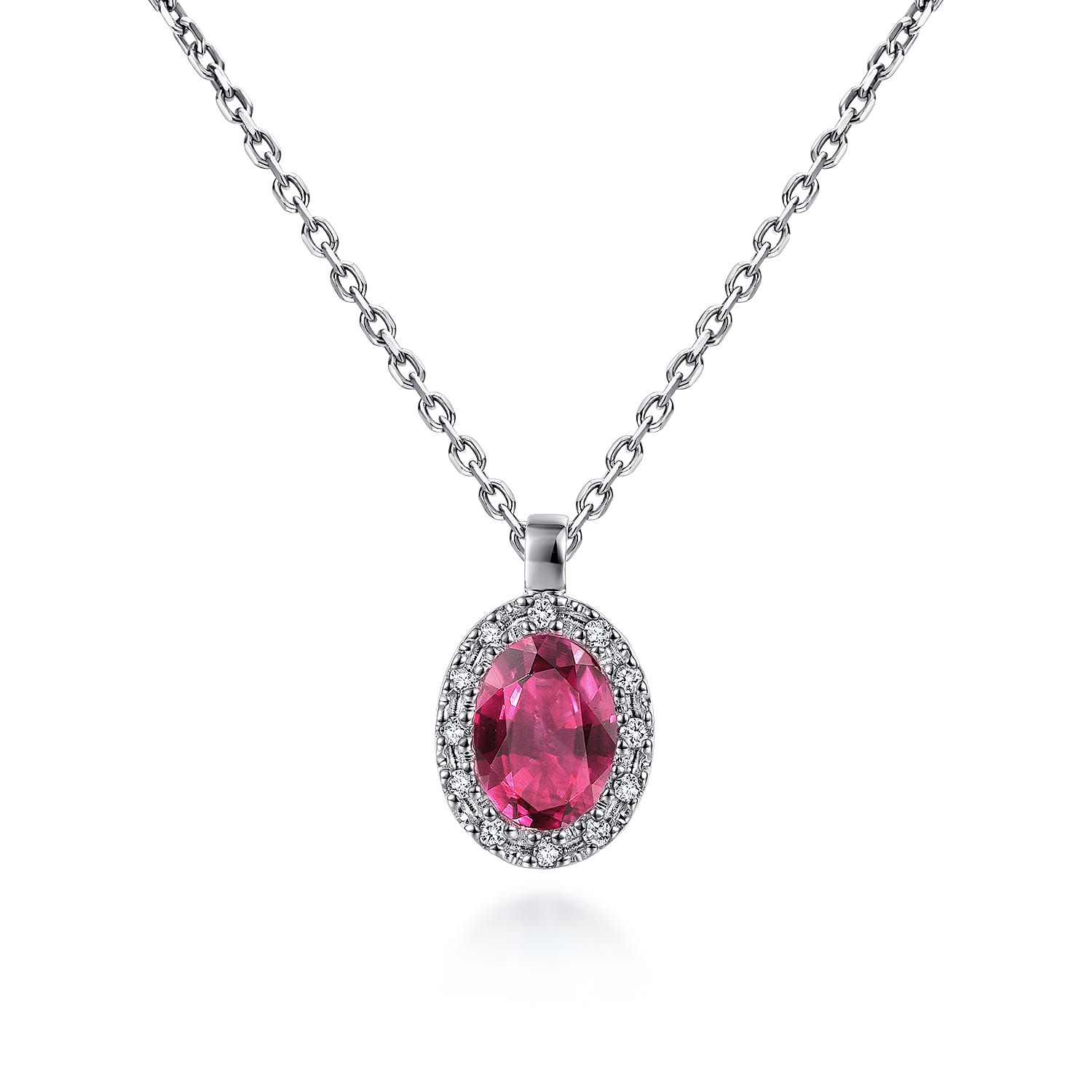 18 inch Ruby and Diamond Halo Drop Necklace