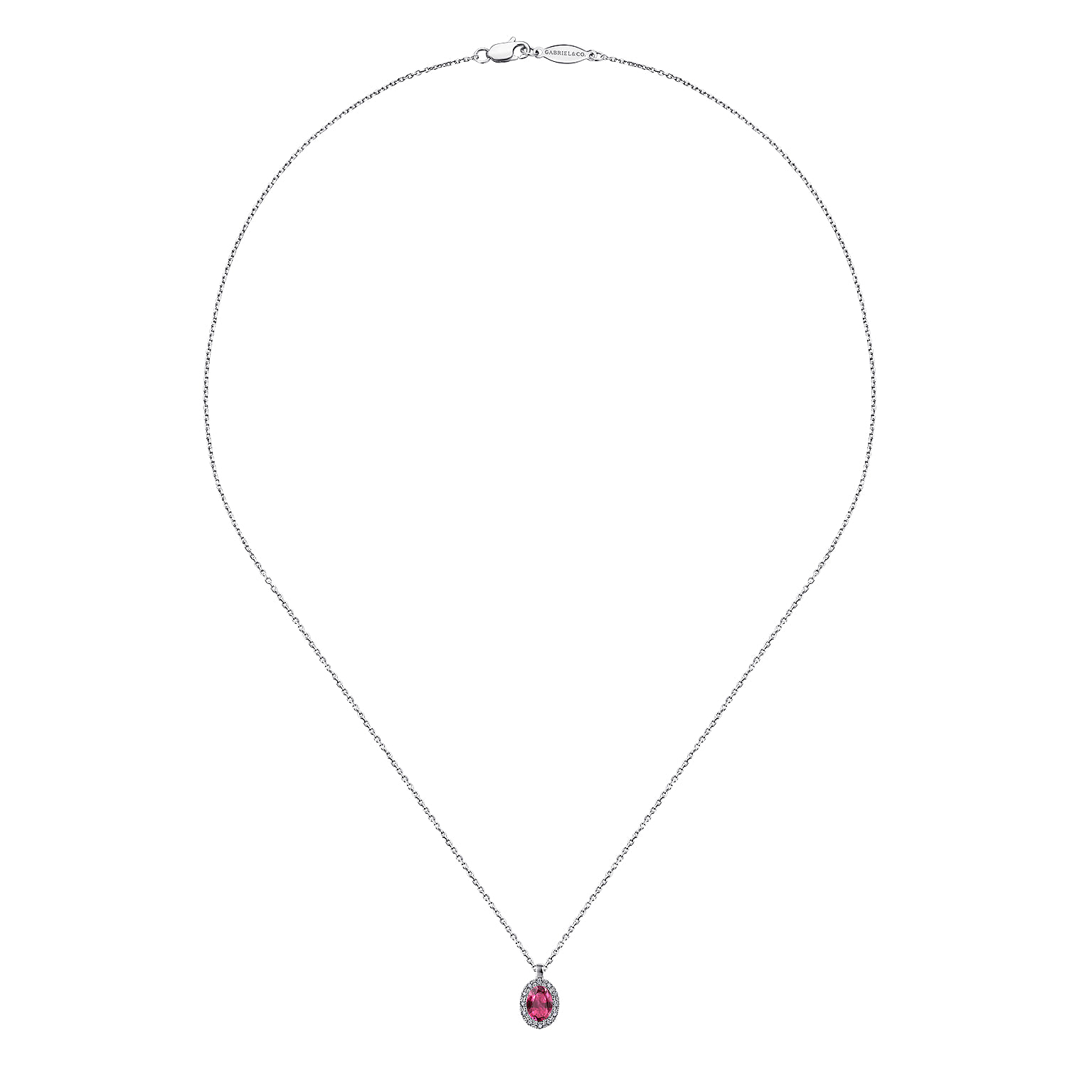 18 inch Ruby and Diamond Halo Drop Necklace in 14K White Gold, photograph 2