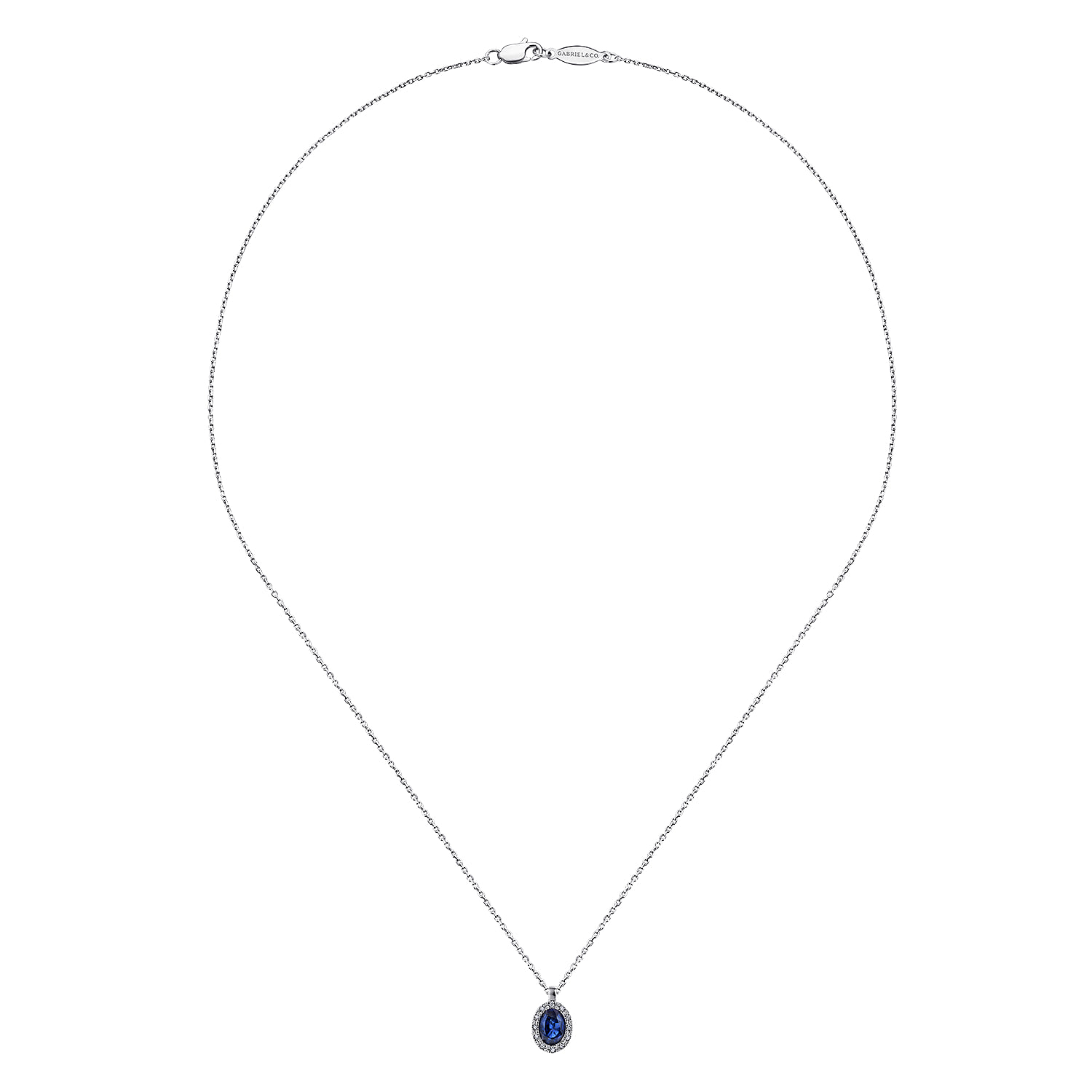 18 inch Sapphire and Diamond Halo Drop Necklace in 14K White Gold, photograph 2