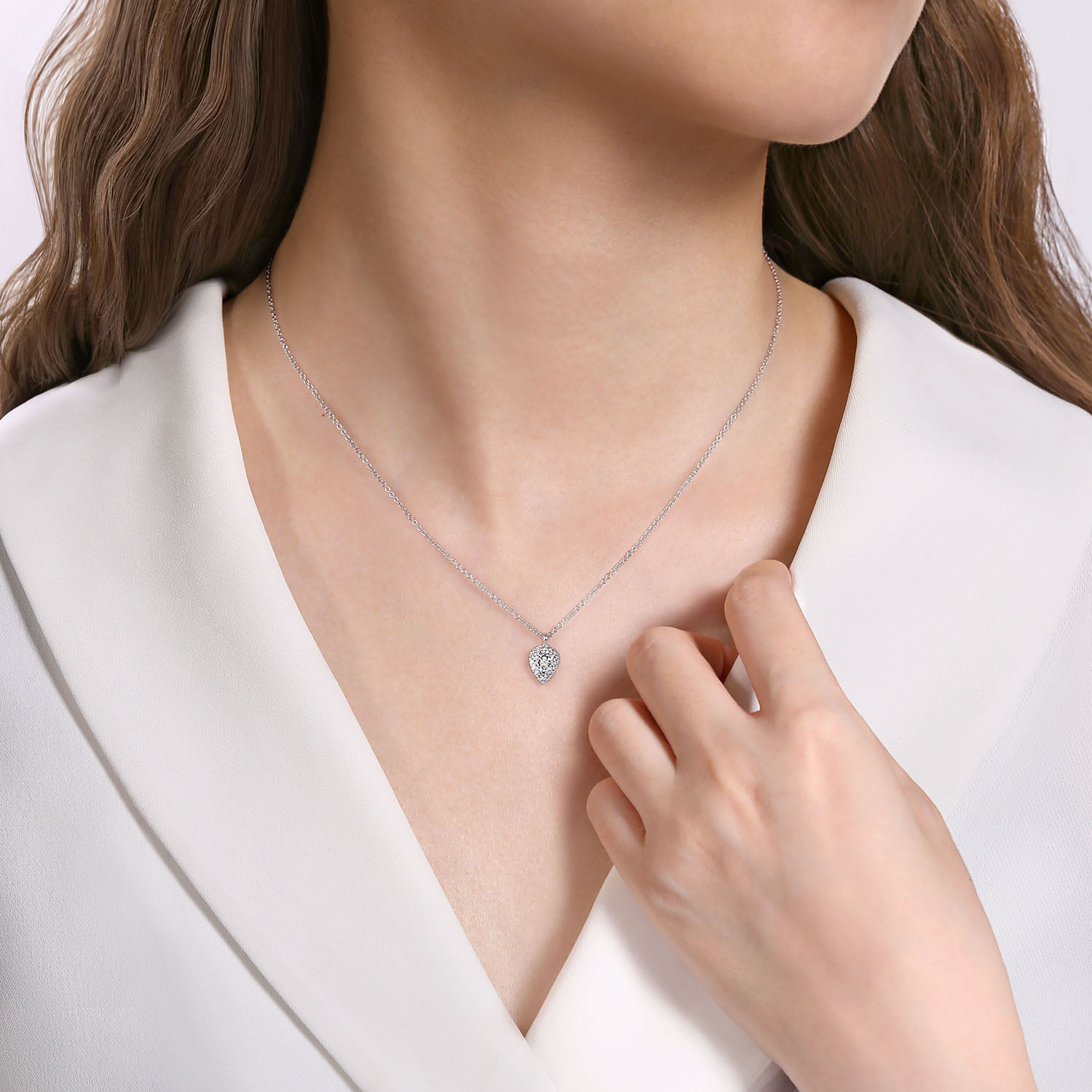 Inverted Teardrop Diamond Pendant Necklace in 14K White Gold, photograph 3