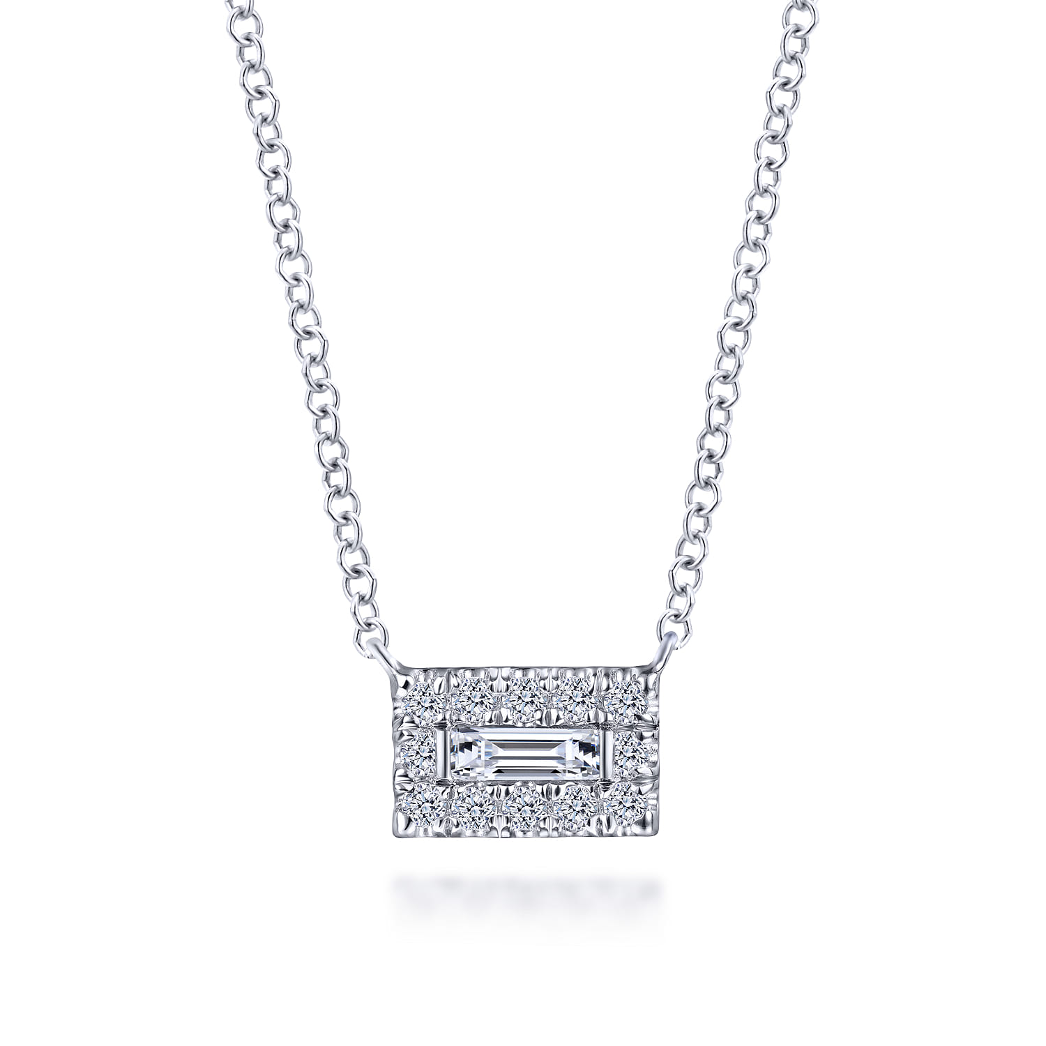 Baguette and Halo Rectangular Diamond Pendant Necklace