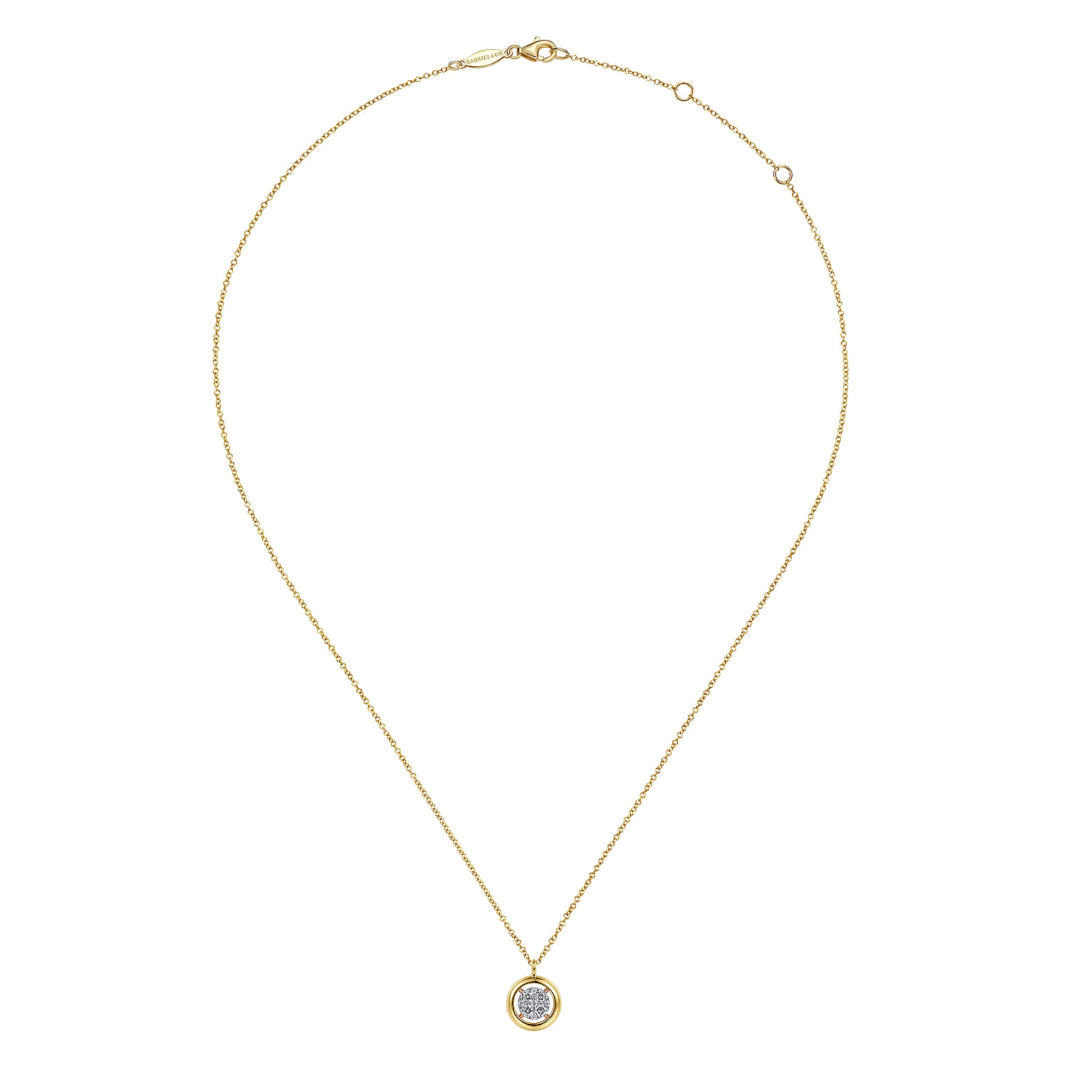 Pave Diamond Floating Pendant Necklace with Wide Border in 14K Yellow Gold, photograph 2
