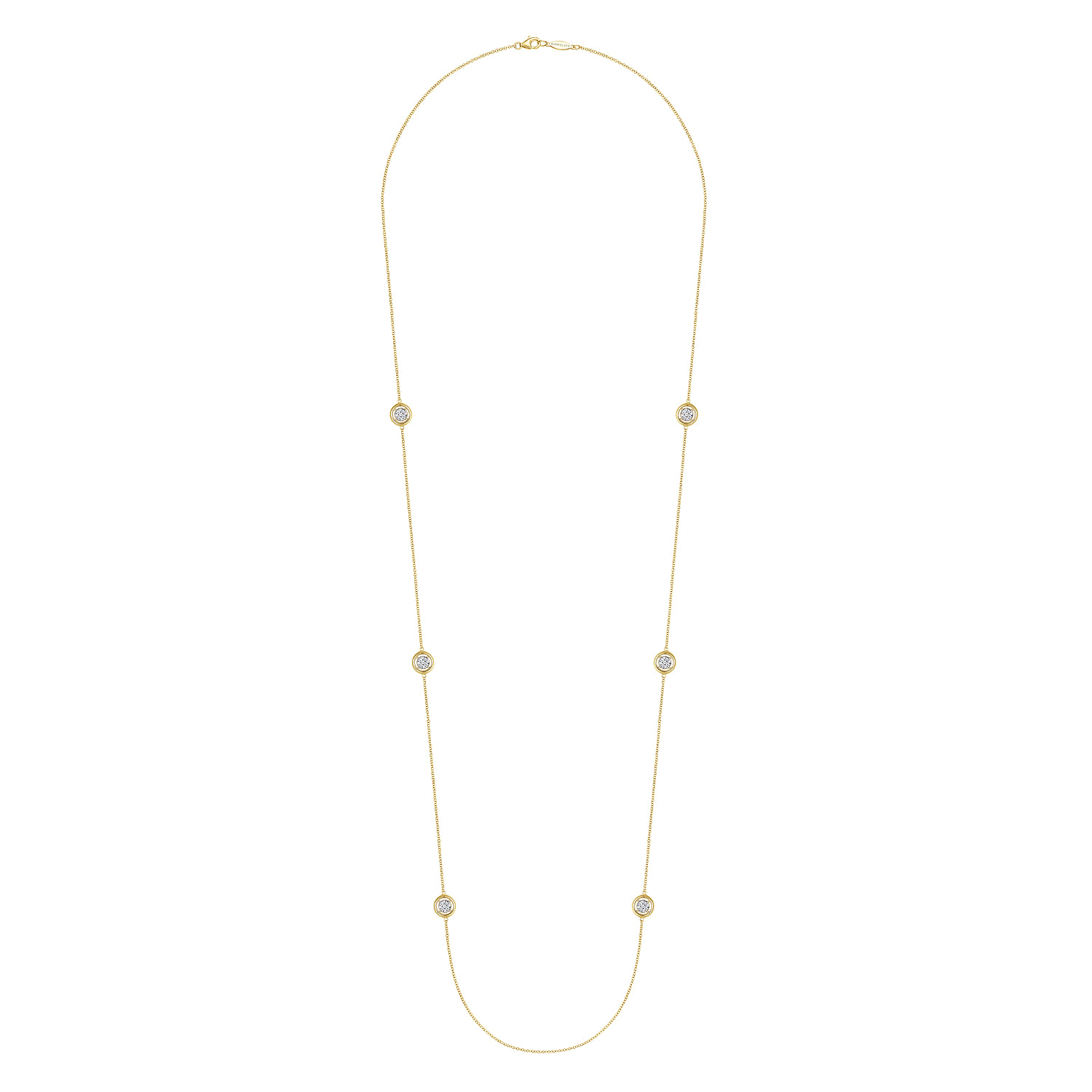 32 inch Necklace with Cluster Diamond Stations in 14K Yellow Gold, photograph 2