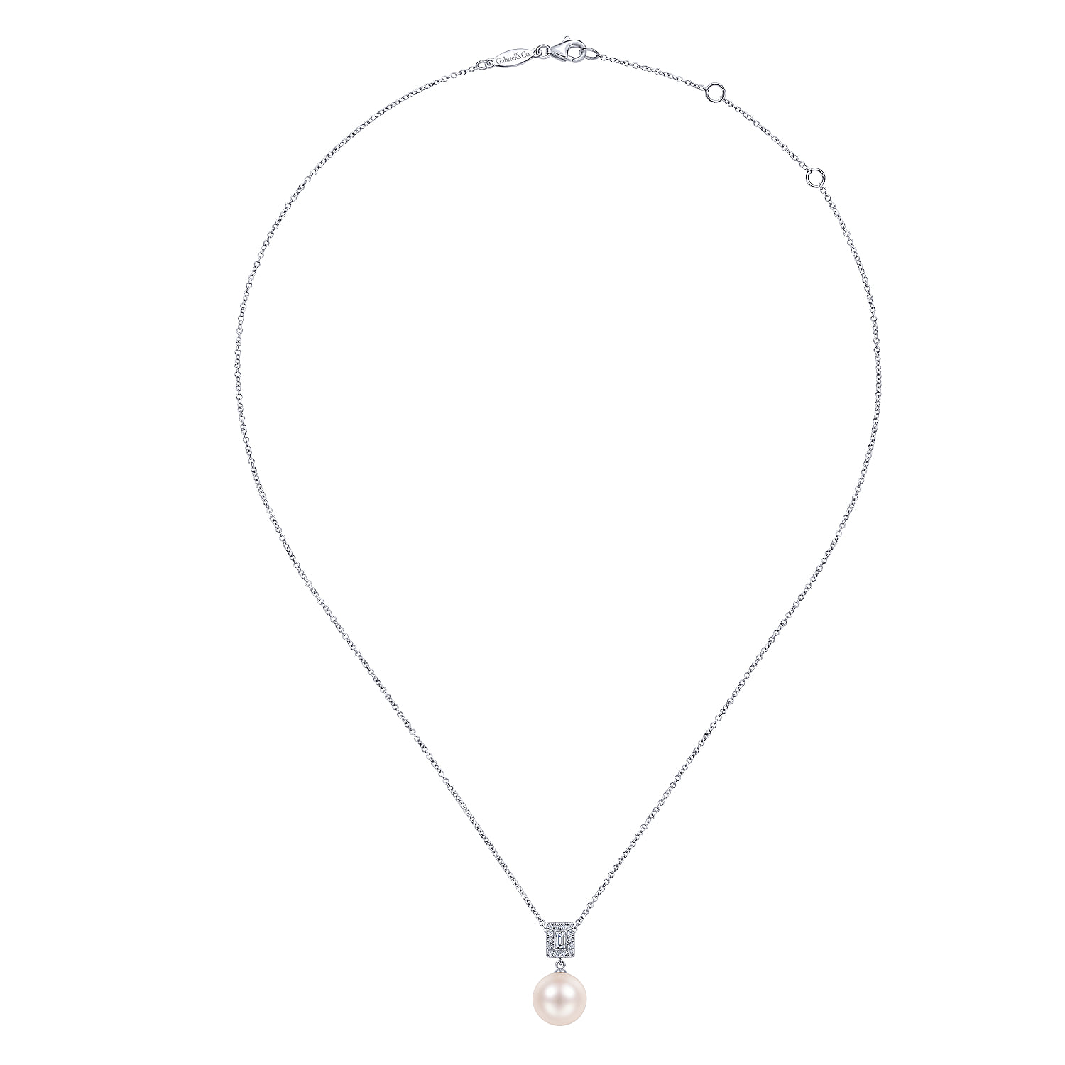 Pave Diamond and Pearl Pendant Necklace in 14K White Gold, photograph 2