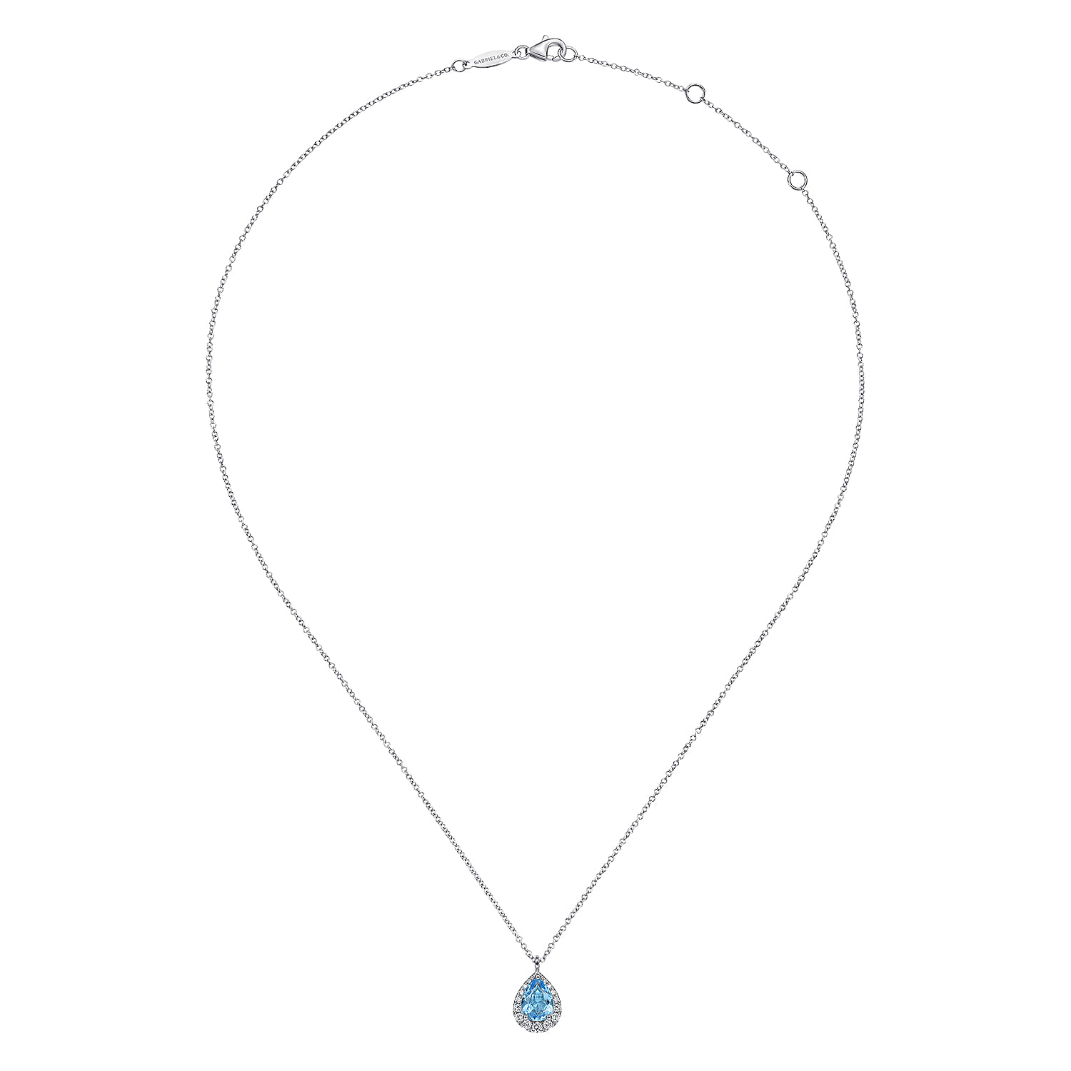 Pear Shape Blue Topaz and Diamond Halo Pendant Necklace in 14K White Gold, photograph 2