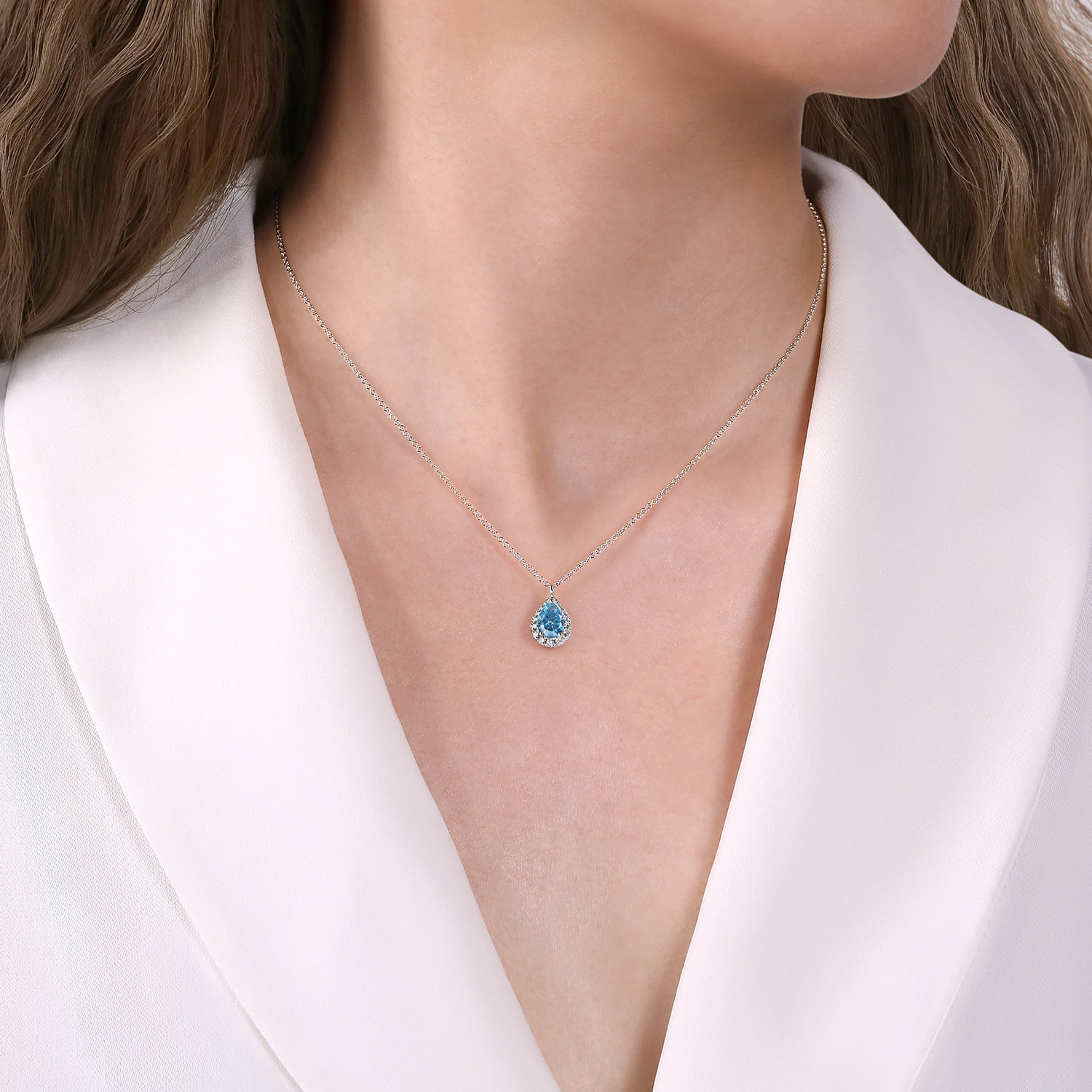Pear Shape Blue Topaz and Diamond Halo Pendant Necklace in 14K White Gold, photograph 3