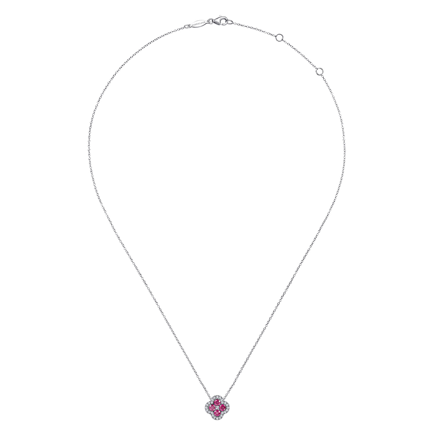 Diamond Ruby Clover Pendant Necklace in 14K White Gold, photograph 2