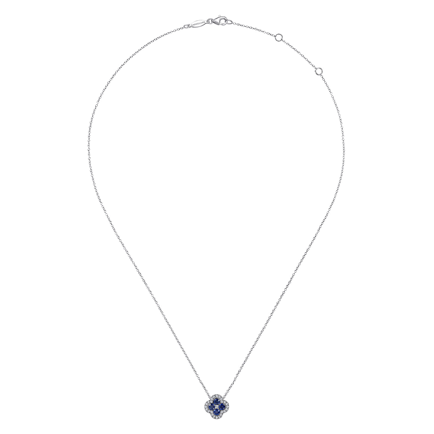 Diamond Sapphire Clover Pendant Necklace in 14K White Gold, photograph 2