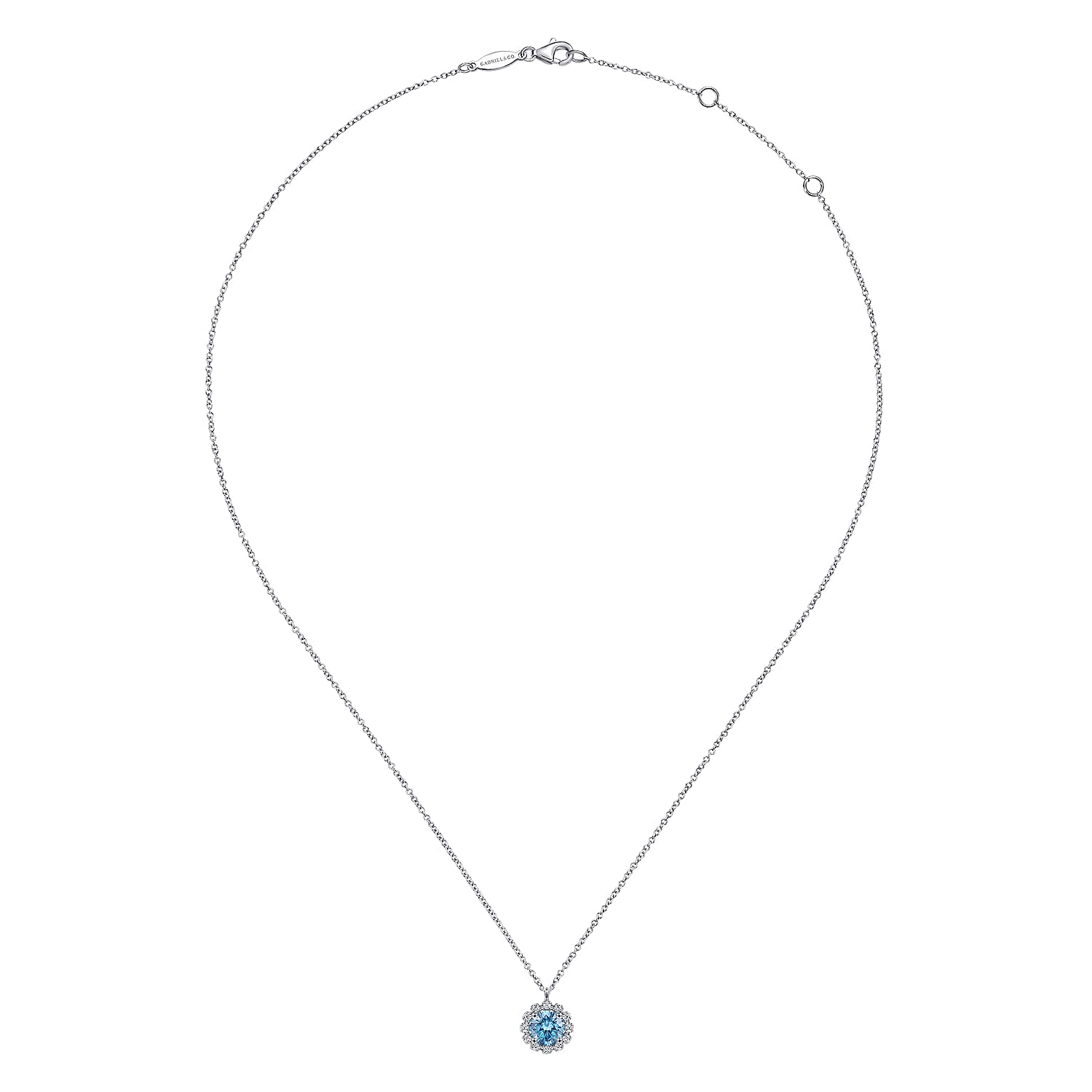Round Blue Topaz and Diamond Halo Pendant Necklace in 14K White Gold, photograph 2