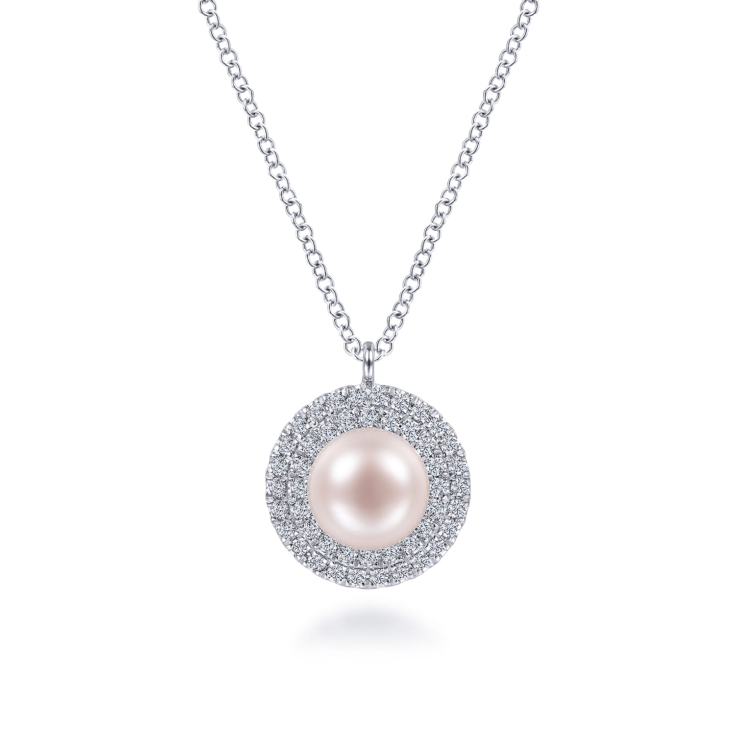Round Pearl and Diamond Halo Pendant Necklace