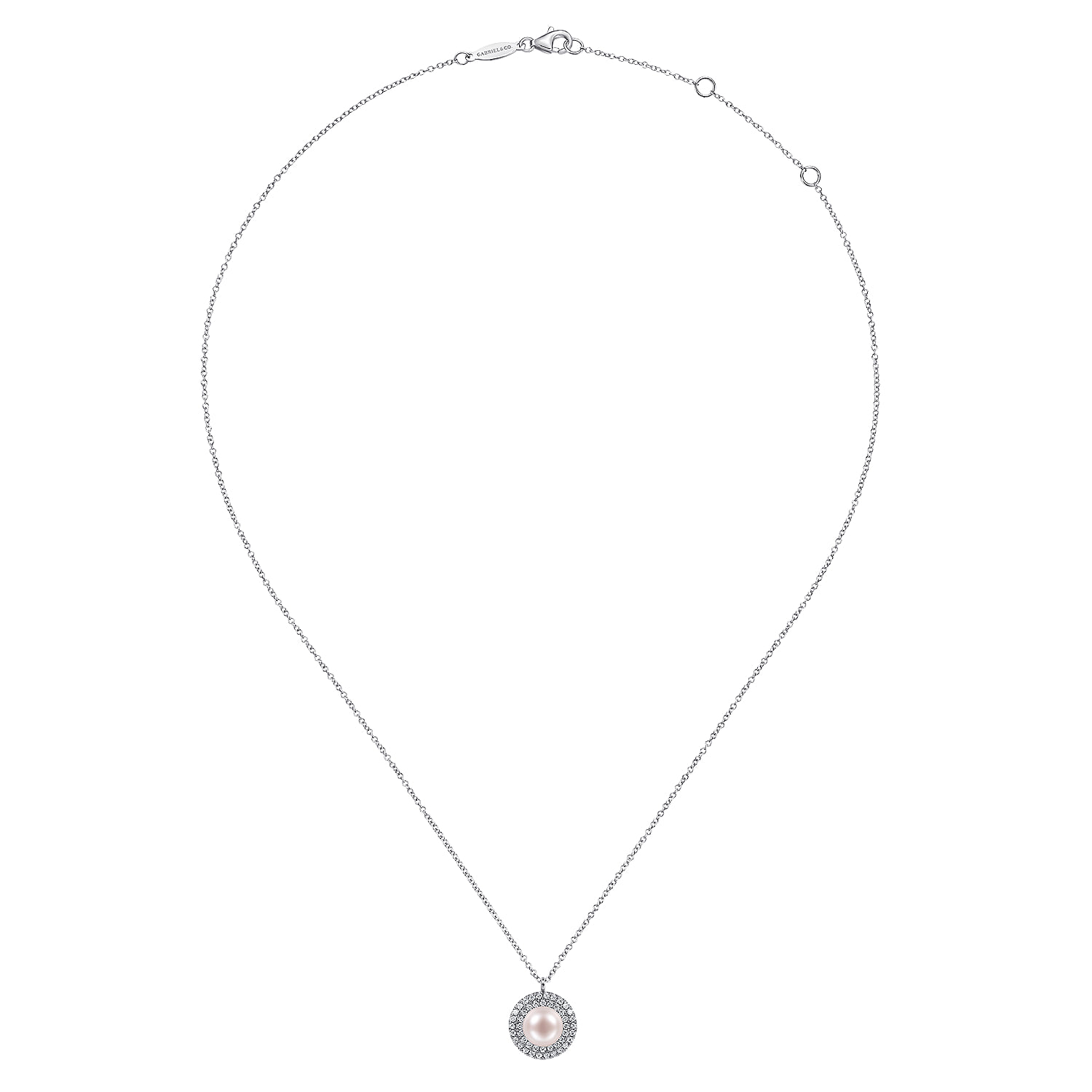 Round Pearl and Diamond Halo Pendant Necklace in 14K White Gold, photograph 2