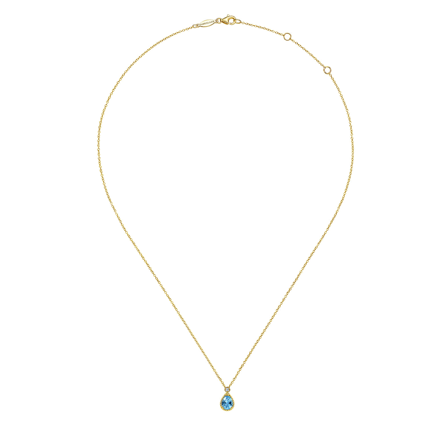 Blue Topaz Teardrop Pendant Necklace with Bezel Set Diamond in 14K Yellow Gold, photograph 2