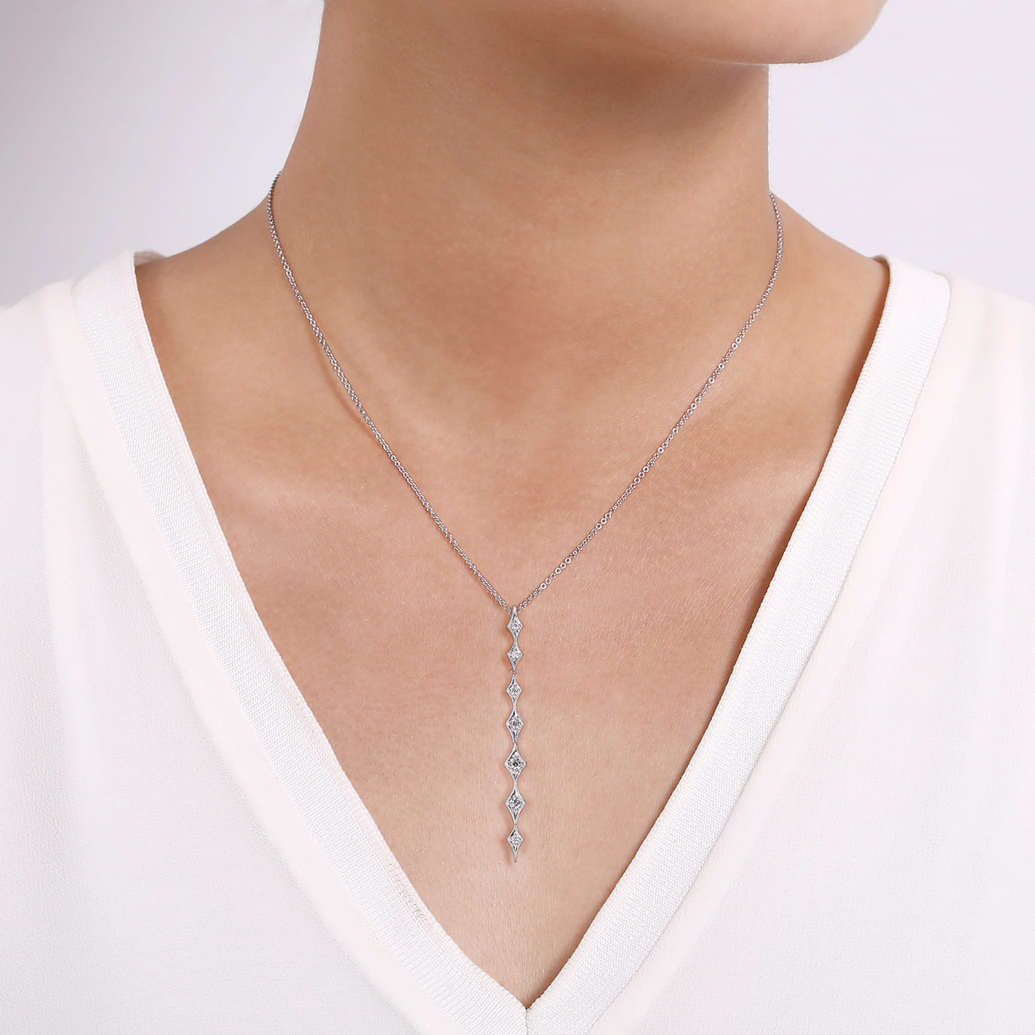 Diamond Rhombus Station Y Necklace in 14K White Gold, photograph 3