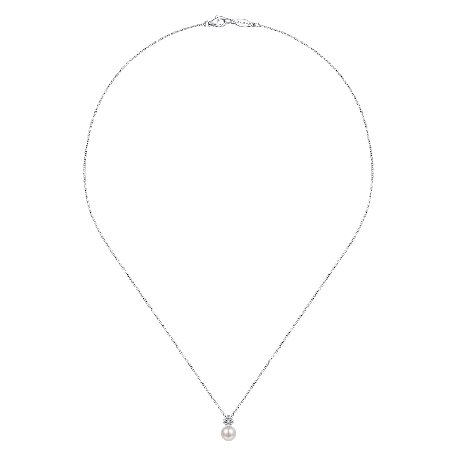 18 inch Cultured Pearl and Diamond Pave Pendant Necklace in 14K White Gold, photograph 2